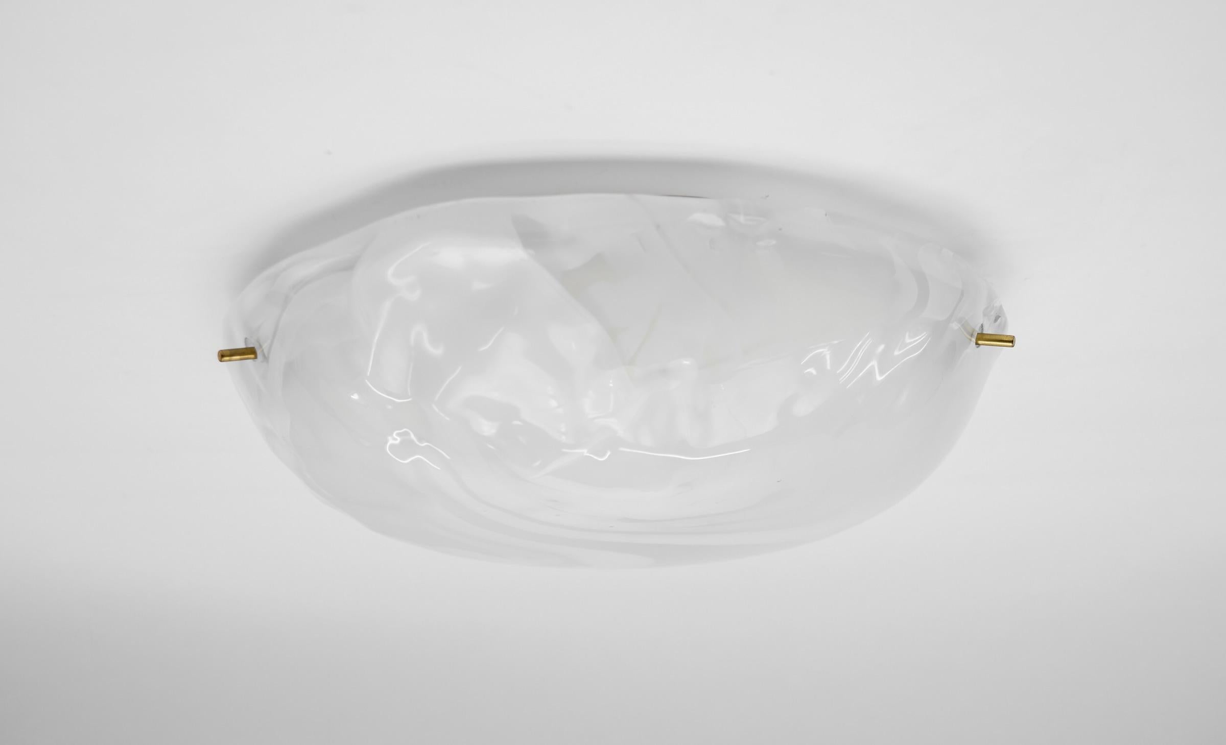 White and Gold Murano Glass Flush Mount Light by Hillebrand, Germany 1960s For Sale 1