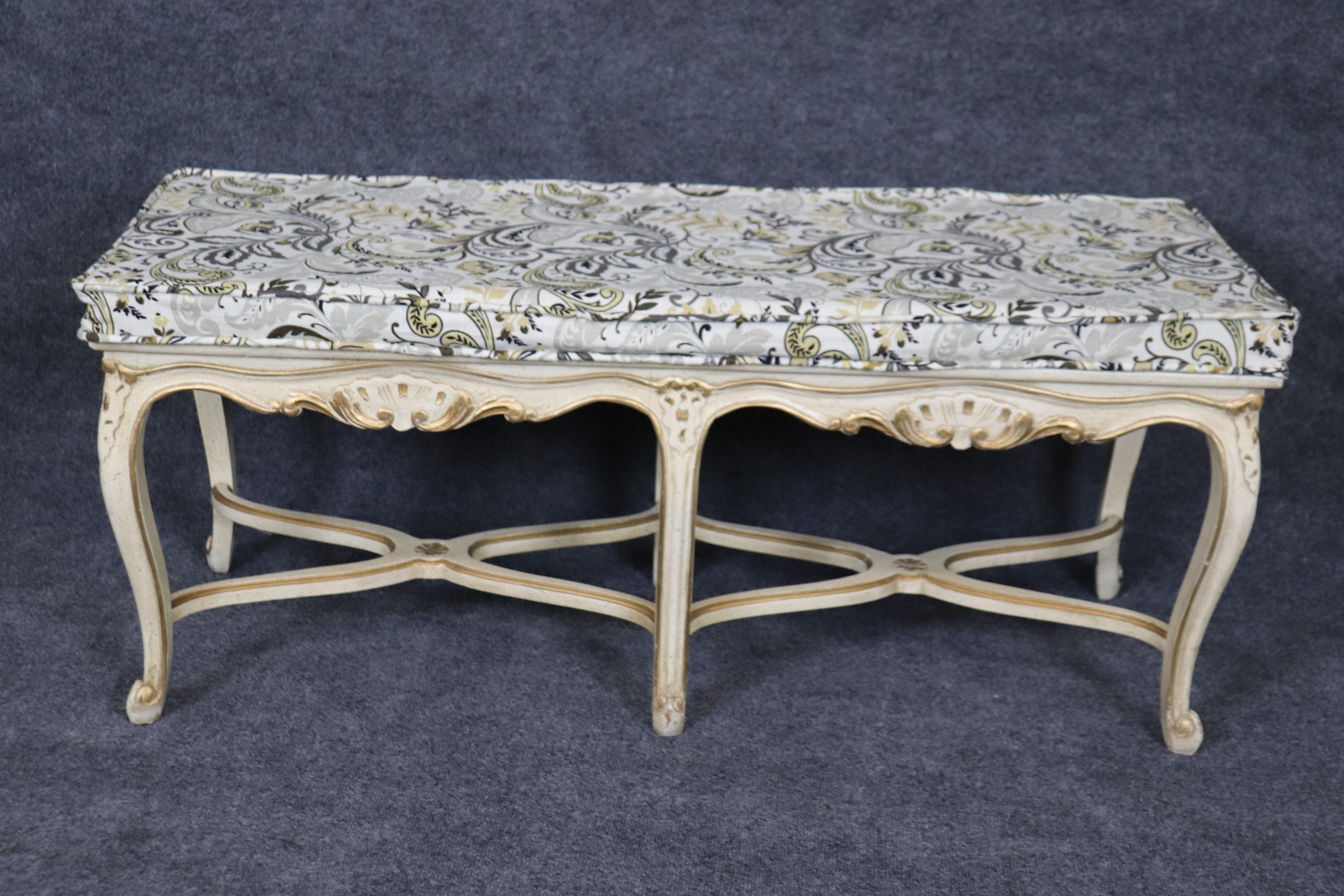 American White and Gold Paint Decorated Cane French Louis XV Style Six Leg Window Bench  For Sale