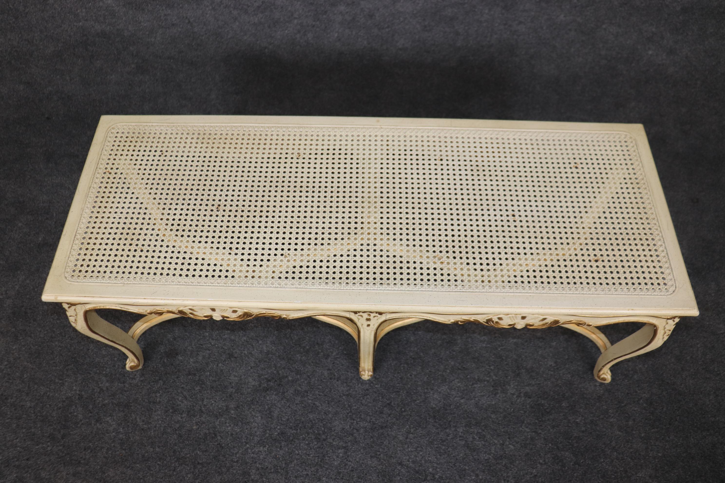 White and Gold Paint Decorated Cane French Louis XV Style Six Leg Window Bench  For Sale 2