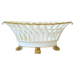 White and Gold Pierced Porcelain Compote Basket Bowl Regency Empire Style