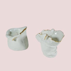 White and Gold Porcelain Modern Organic shaped Candle Holder Duo