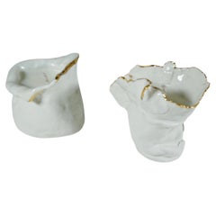 White and Gold Porcelain Modern Organic shaped Candle Holder Duo