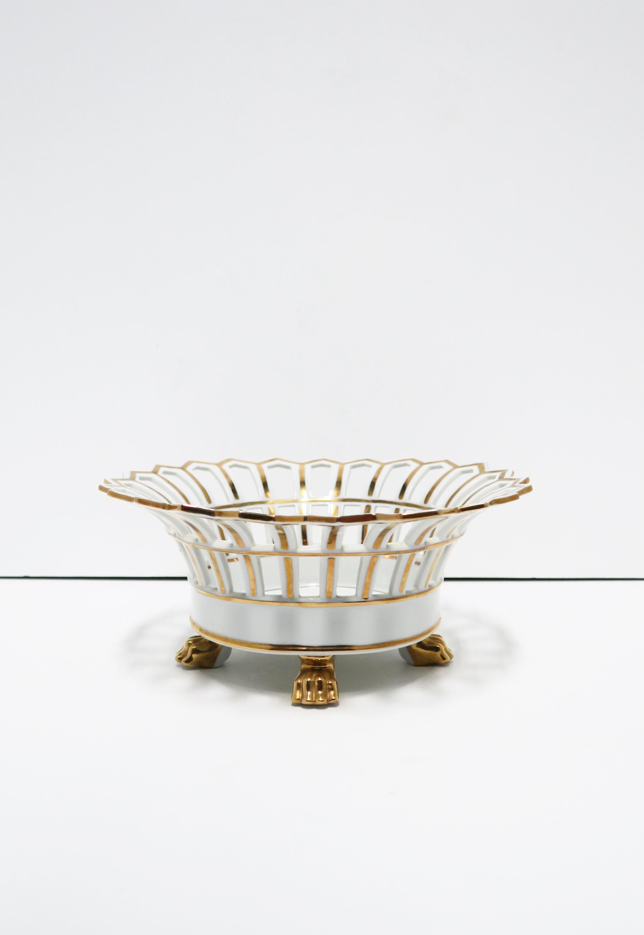 Empire French White and Gold Pierced Porcelain Compote Basket Centerpiece Bowl