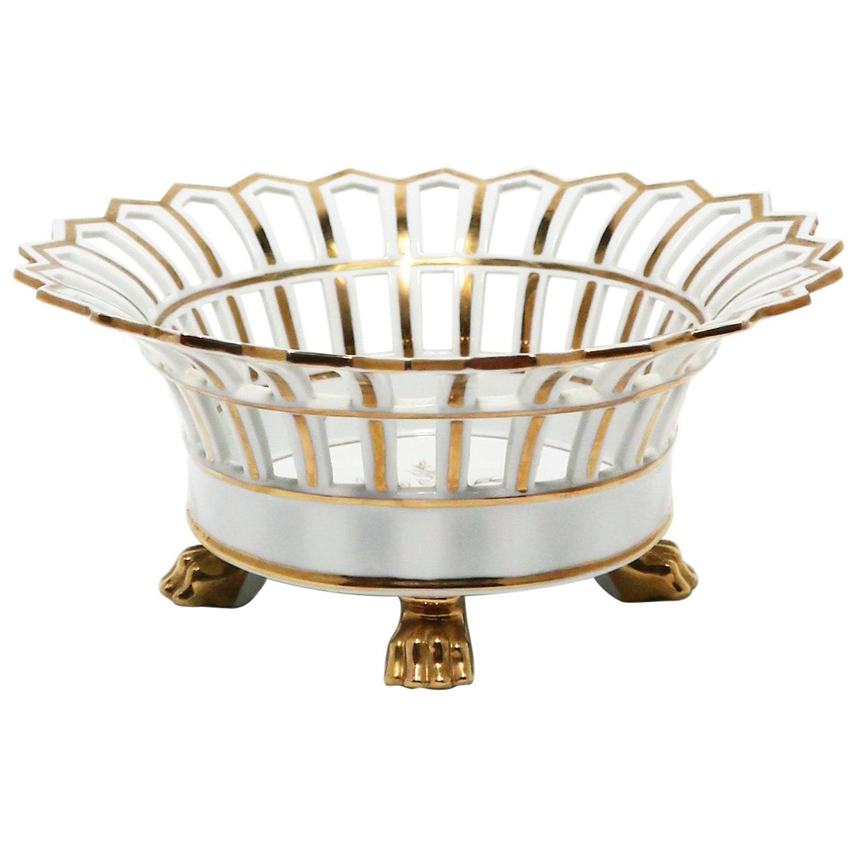 French White and Gold Pierced Porcelain Compote Basket Centerpiece Bowl