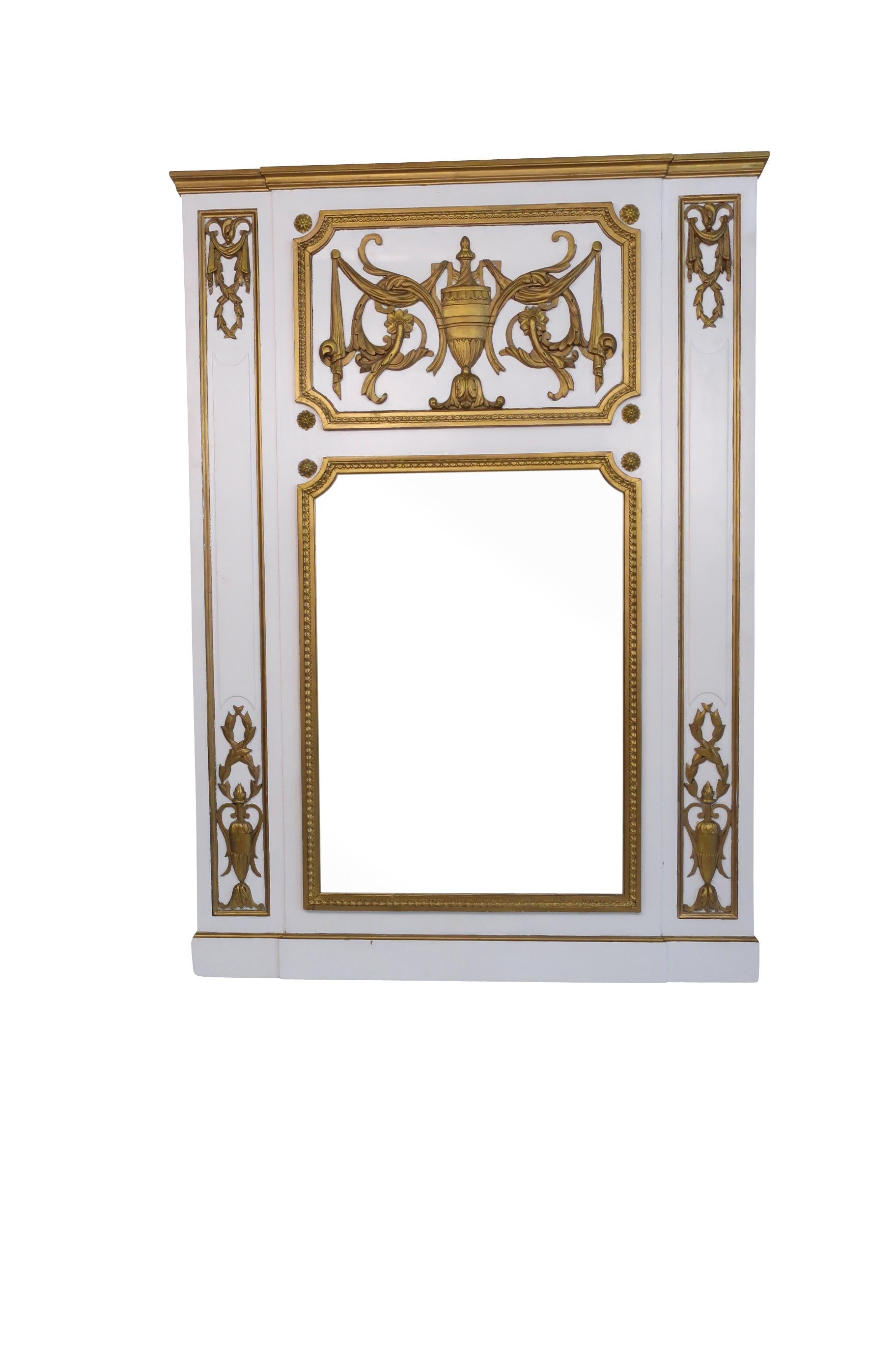 American White and Gold Trumeau Mirror with Urn and Swag Decoration