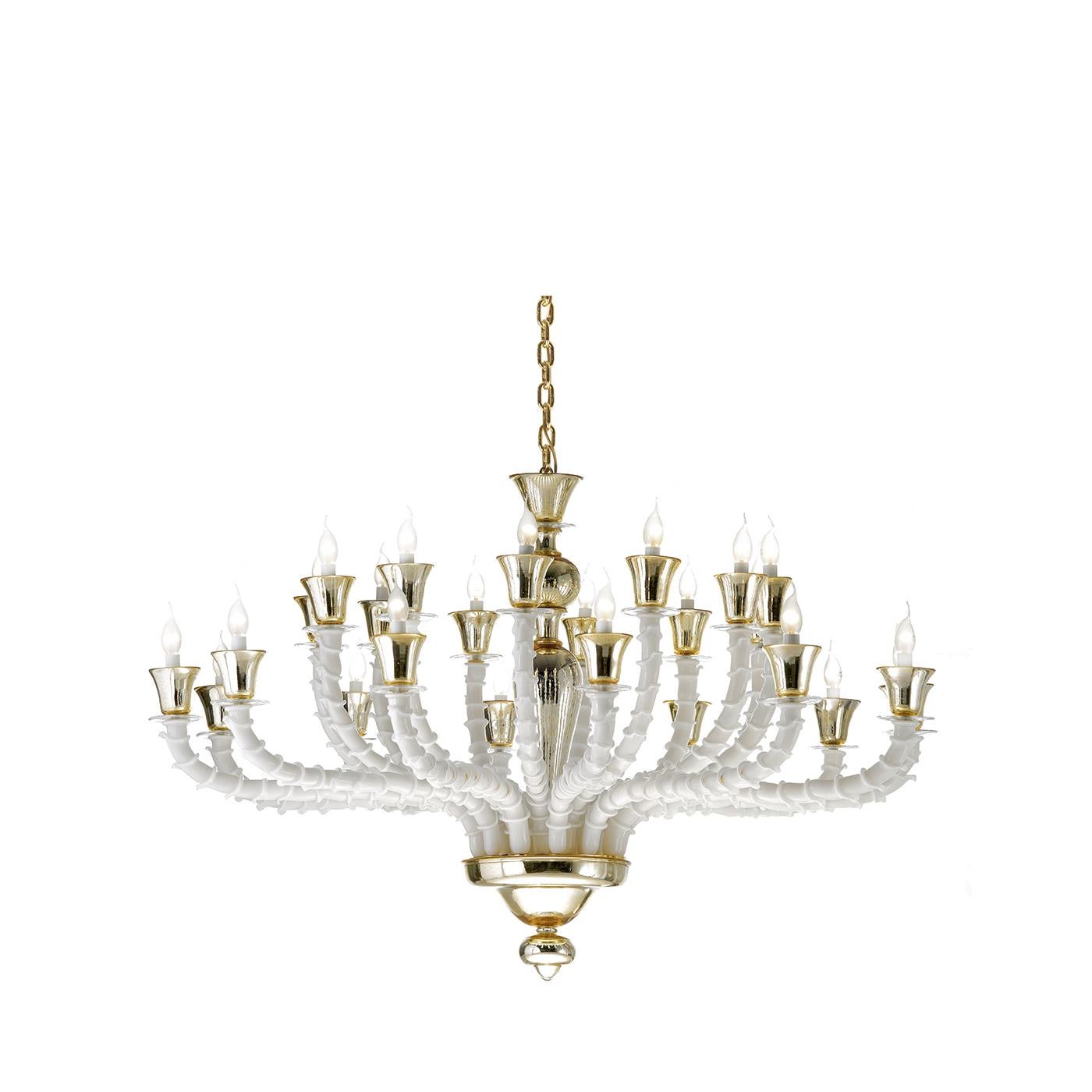 This majestic piece of functional decoration will add a sumptuous accent to any large room. Mixing the traditional Rezzonico style of Murano glass chandeliers with contemporary details, this piece is timeless, sophisticated, and will complement any