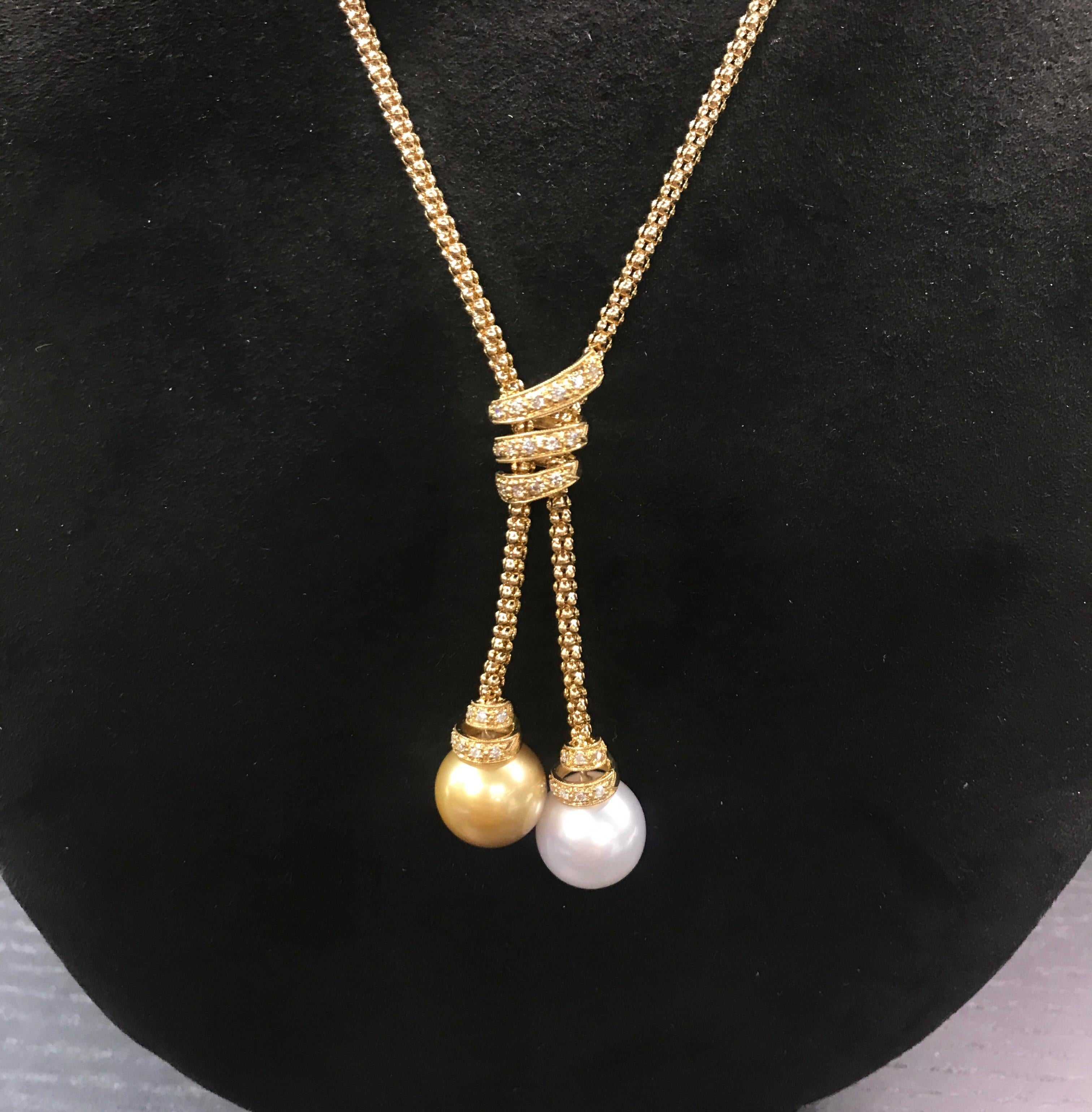 White and Golden South Sea Pearl Diamond Gold Necklace at 1stDibs
