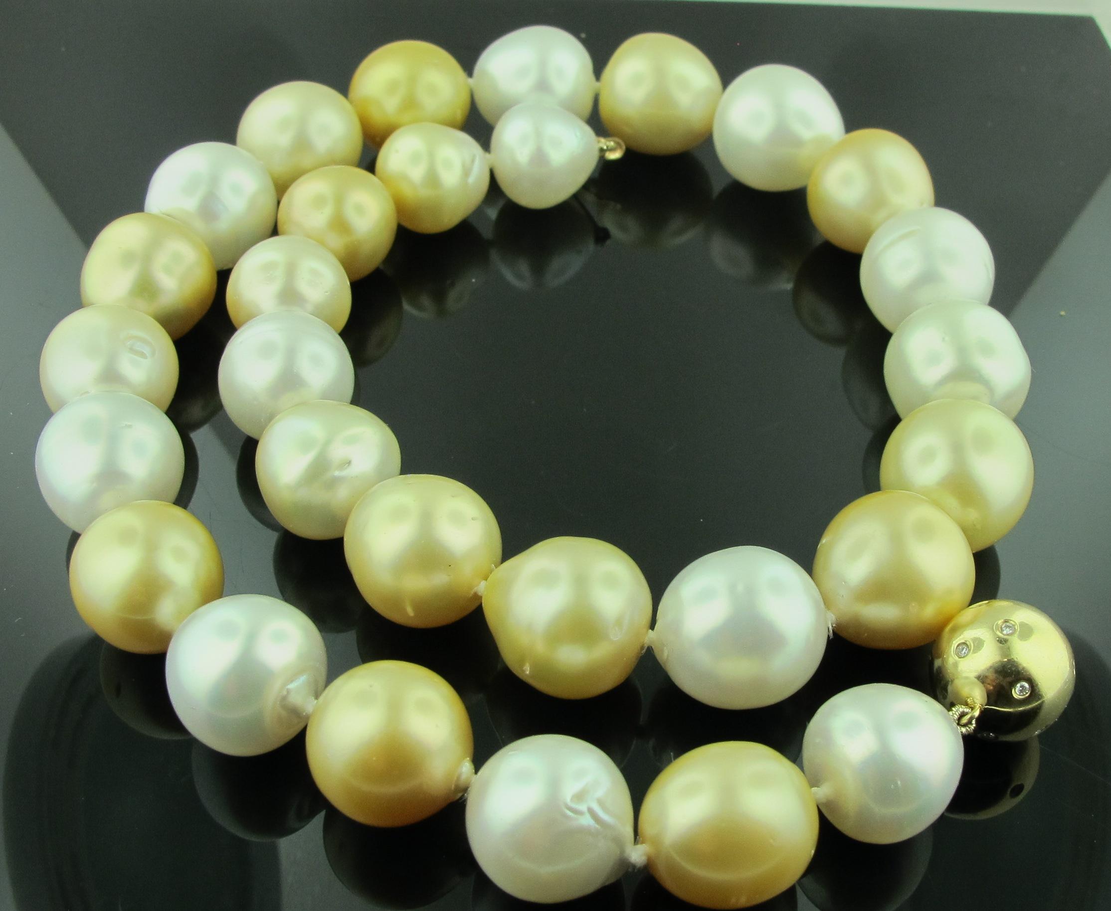 Round Cut White and Golden South Sea Pearl Necklace with 14 KT Yellow Gold & Diamond Clasp For Sale