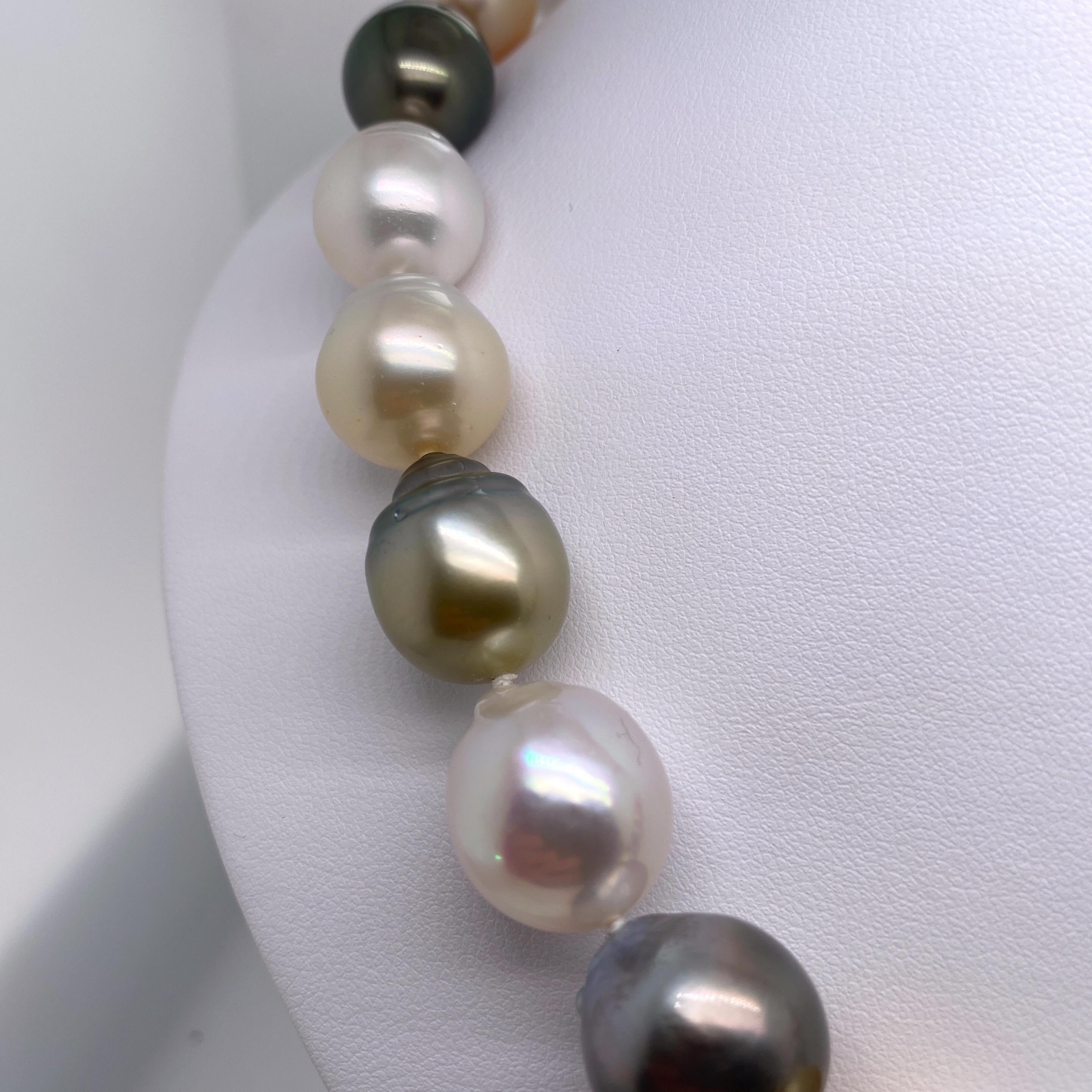 Round Cut White and Golden South Sea Tahitian Baroque Pearl Necklace 14 Karat Gold