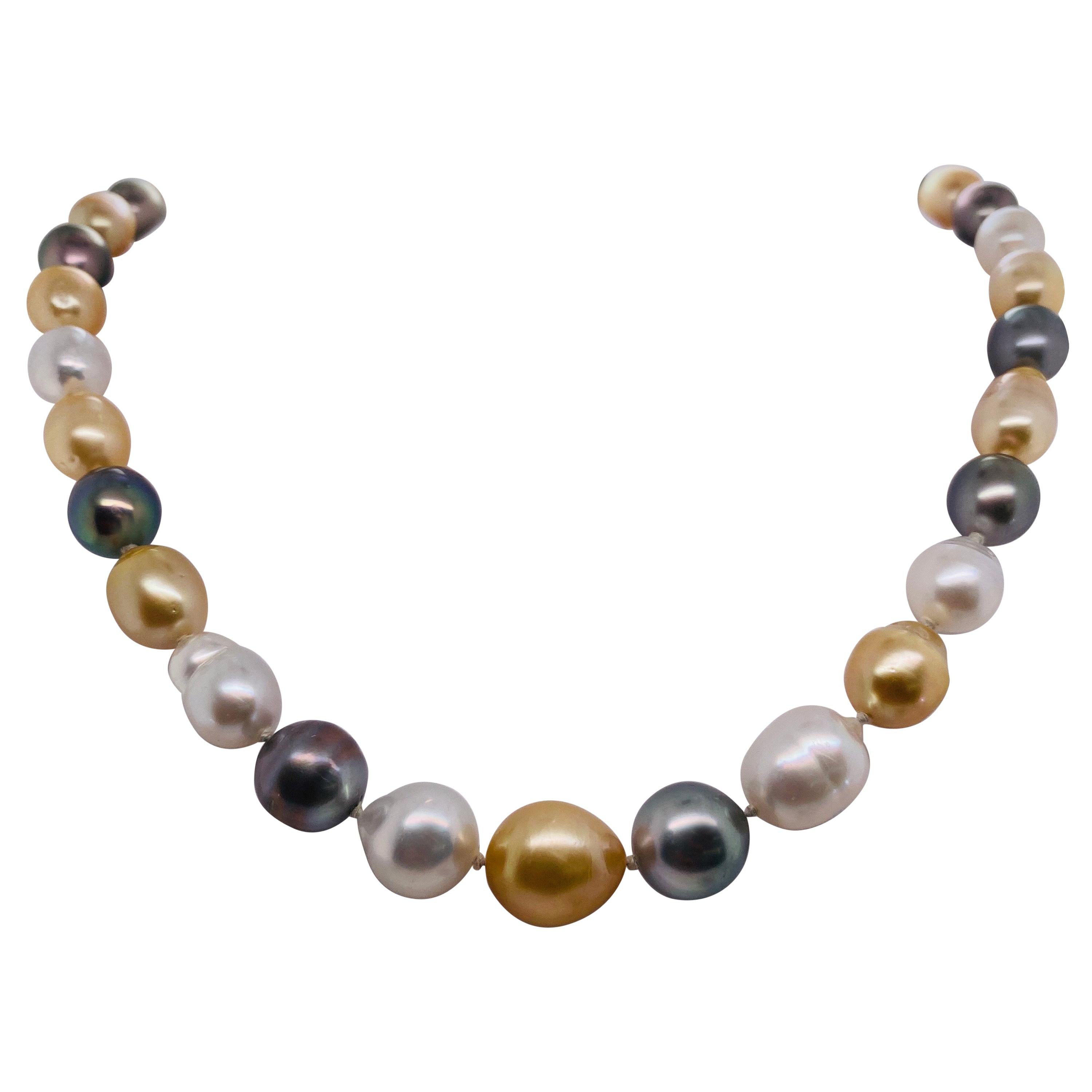 White and Golden South Sea Tahitian Baroque Pearl Necklace 14 Karat Gold