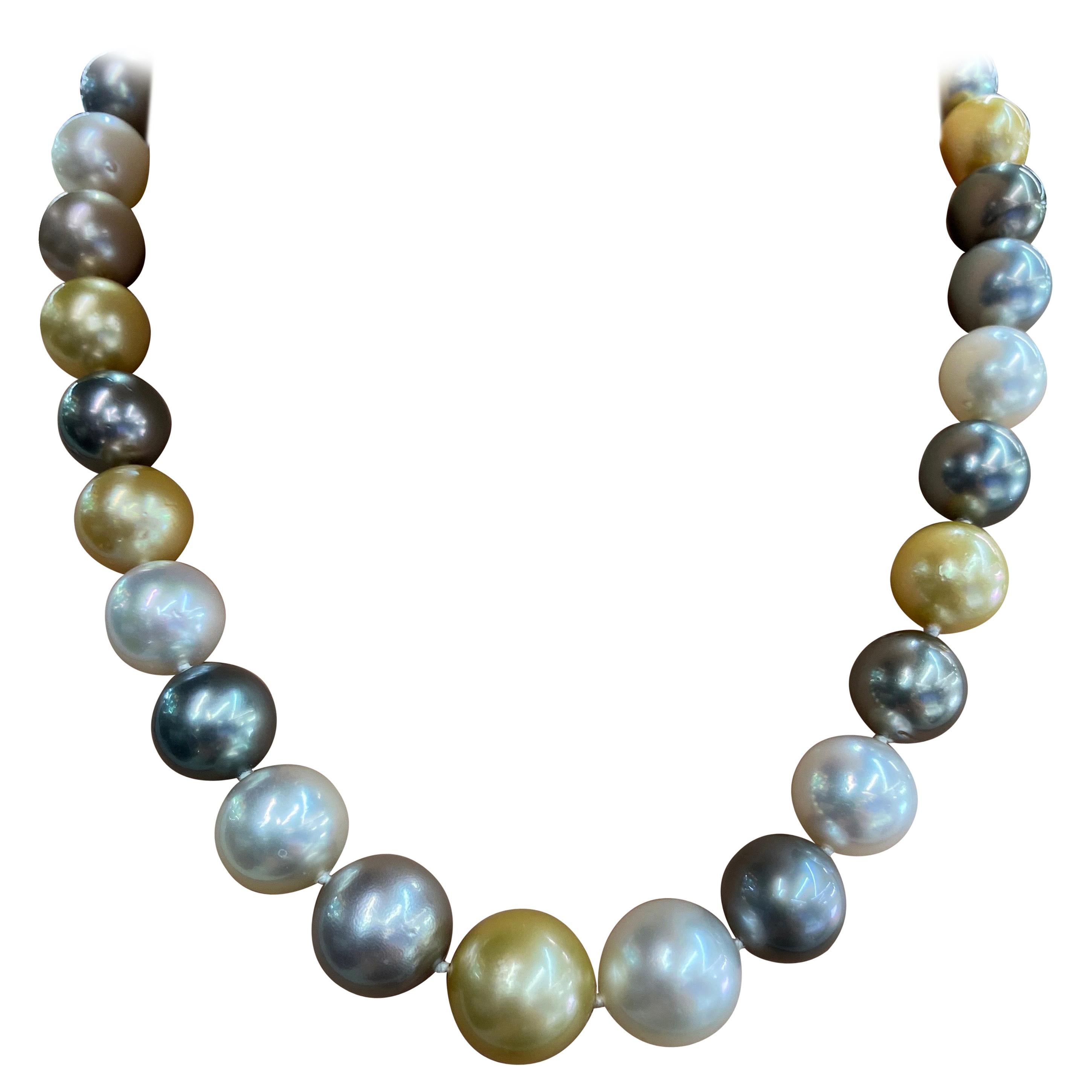 Collier en or 14 carats avec perles blanches et dorées des mers du Sud et perles de Tahiti