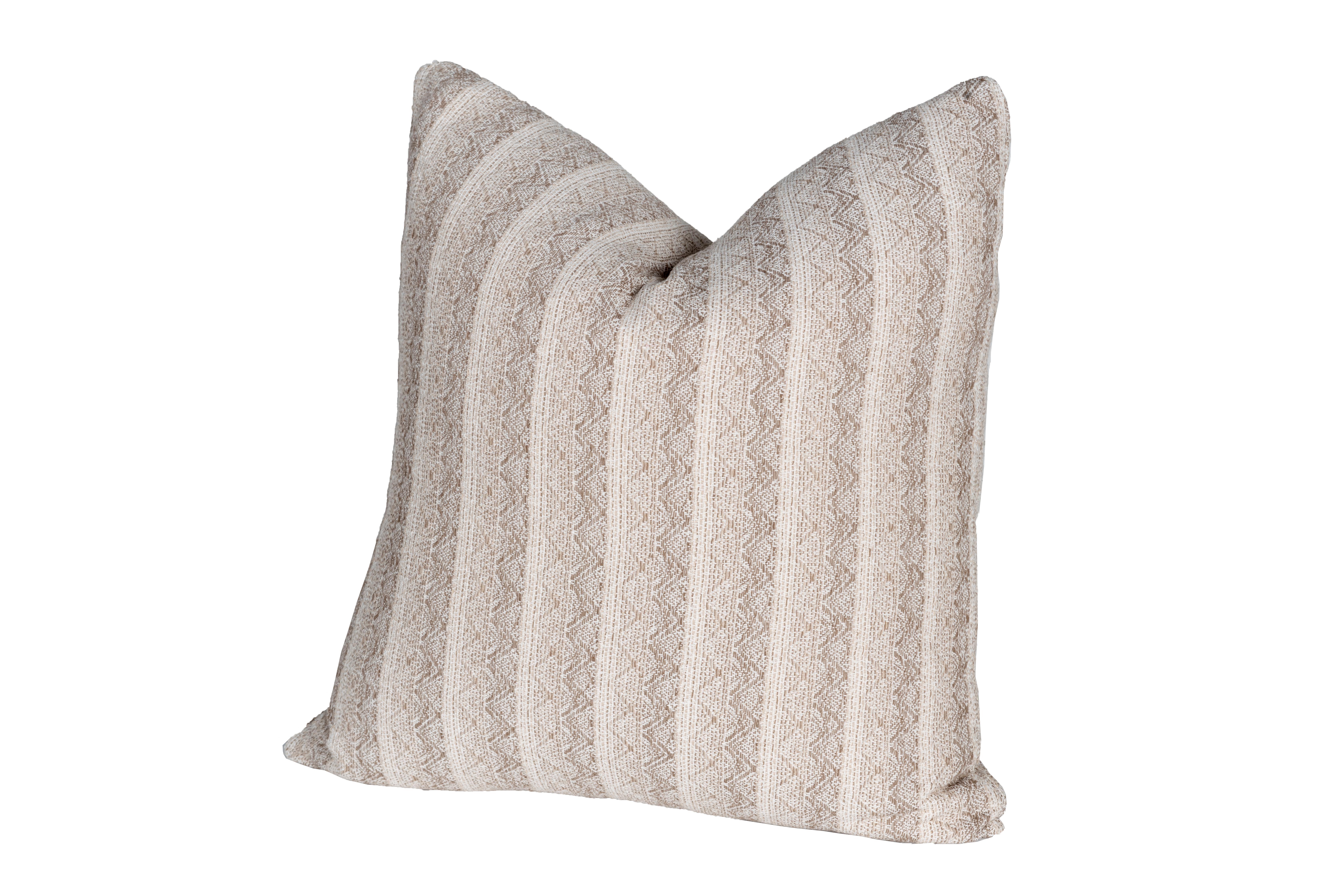 The White and Gray Vintage Hmong Striped Textile Down Filled Pillow is the perfect addition to any room. Its muted natural colors are a great match for almost any decor, and it adds texture and interest with its soft linen textile texture. This down