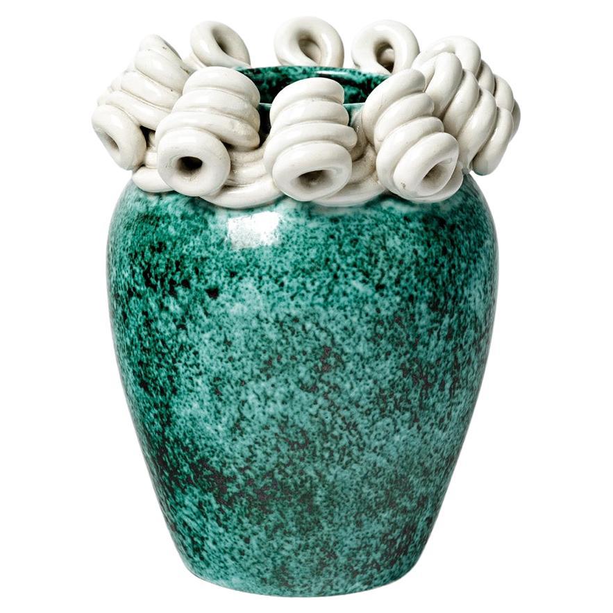 white and green 1930 art deco ceramic vase by Gustave Asch Sainte radegonde
