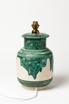 White and Green 20th Century Ceramic Table Lamp by Dupanier French Lighting 1960