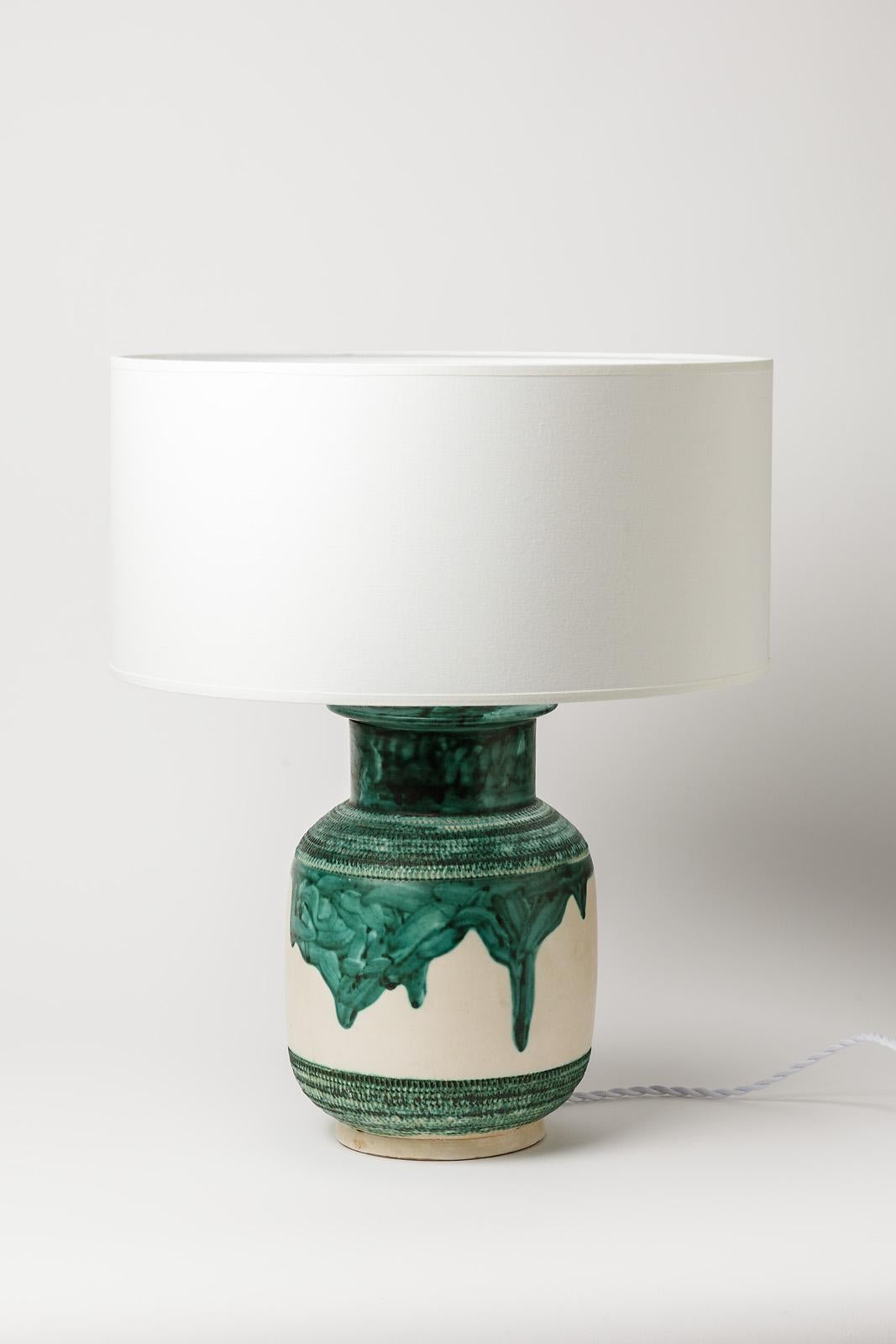 White and Green 20th Century Ceramic Table Lamp by Dupanier French Lighting 1960 For Sale 1