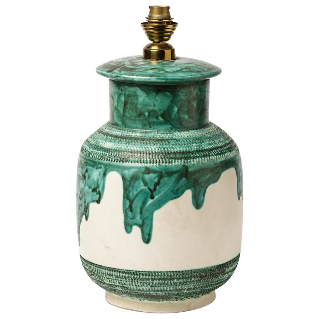 Weiße und grüne Keramik-Tischlampe des 20. Jahrhunderts von Dupanier French Lighting, 1960