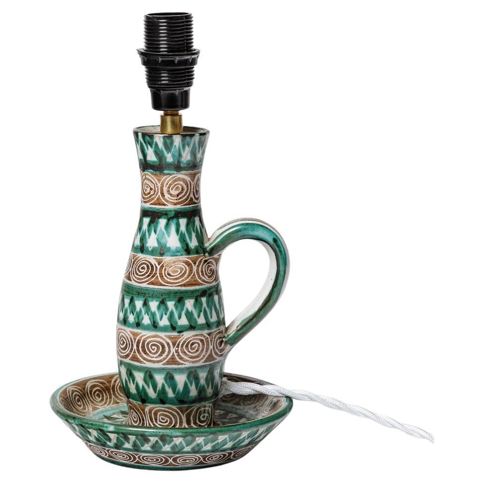 White and green 20th century ceramic table lamp or candlestick by Robert Picault