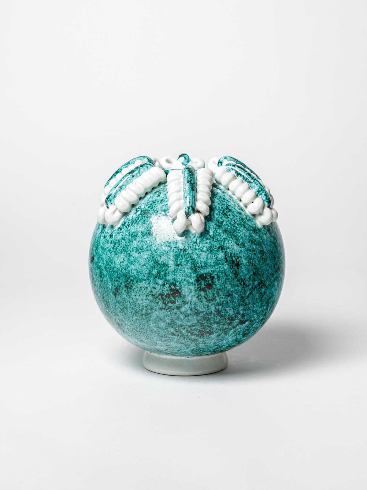 Art Déco vaso in ceramica di Gustave Asch 1940, design art déco del XX secolo, bianco e verde in vendita