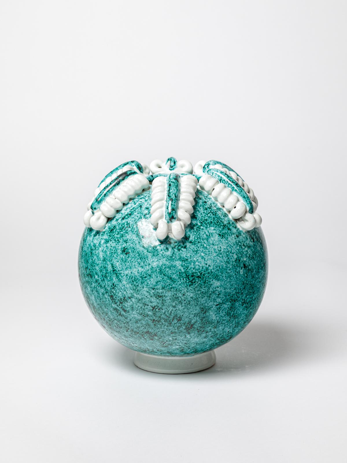 Ceramica vaso in ceramica di Gustave Asch 1940, design art déco del XX secolo, bianco e verde in vendita