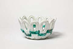 White and green art deco ceramic vide poche or basket by Gustave Asch 1940