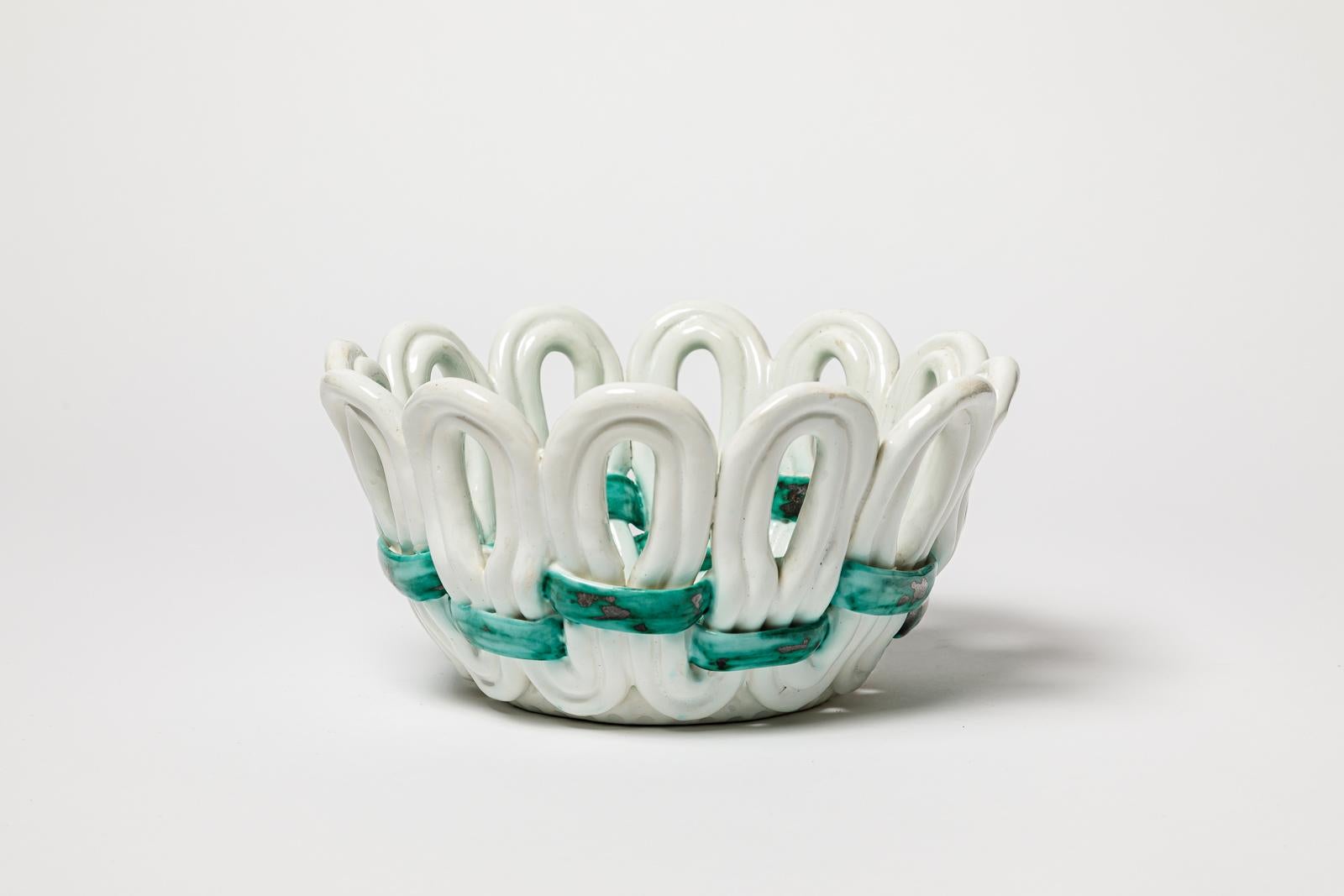 Art Déco Vide poche o cestino in ceramica art déco bianco e verde di Gustave Asch 1940 in vendita
