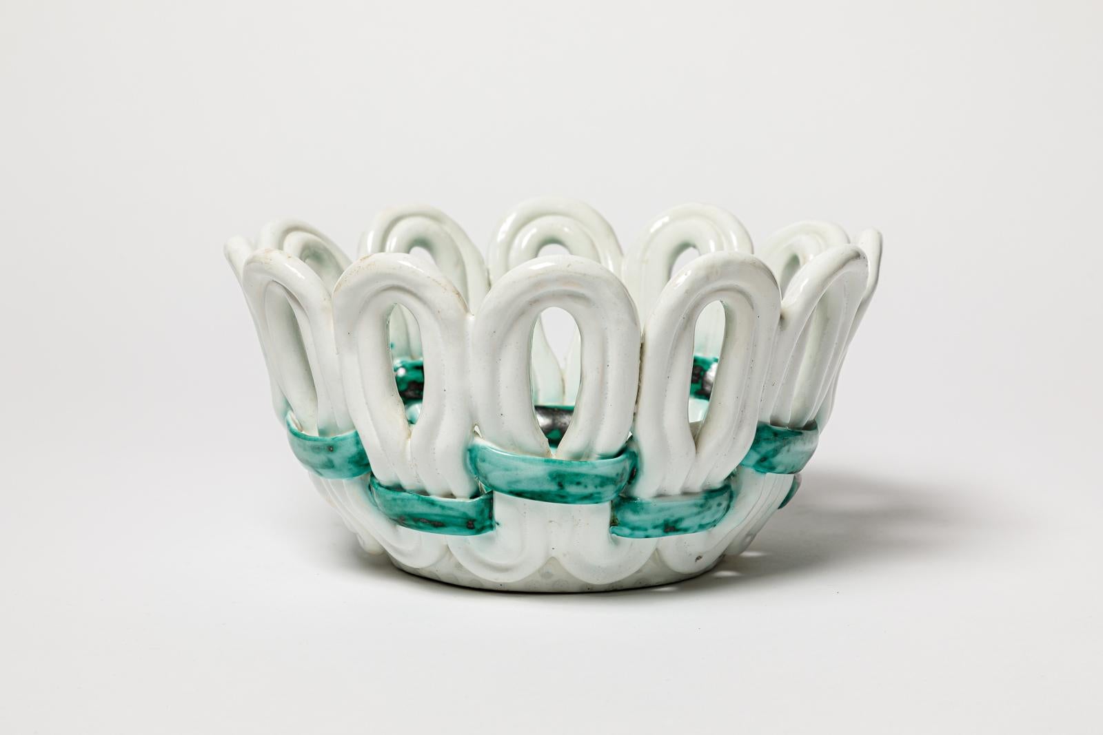 Vide poche o cestino in ceramica art déco bianco e verde di Gustave Asch 1940 In condizioni ottime in vendita a Neuilly-en- sancerre, FR