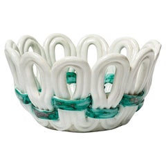 White and green art deco ceramic vide poche or basket by Gustave Asch 1940