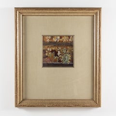 White and Green Flowers with Thin Blue Stripe Abstract Framed Floral Print