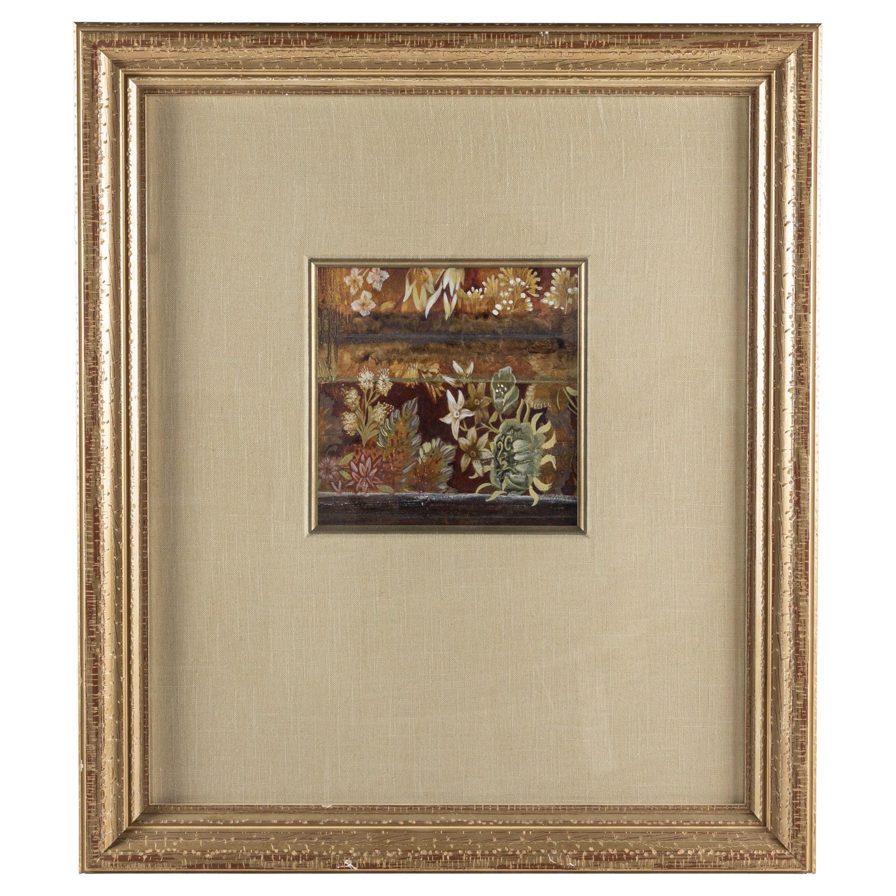 White and Green Flowers with Thin Blue Stripe Abstract Framed Floral Print