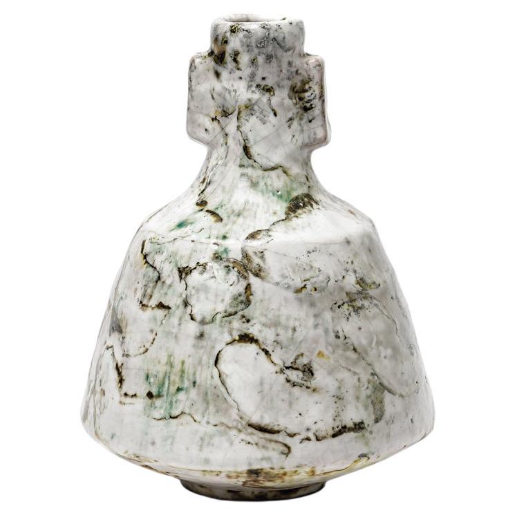 Bouteille en céramique émaillée blanche et verte de Gisèle Buthod Garçon, circa 1980-1990