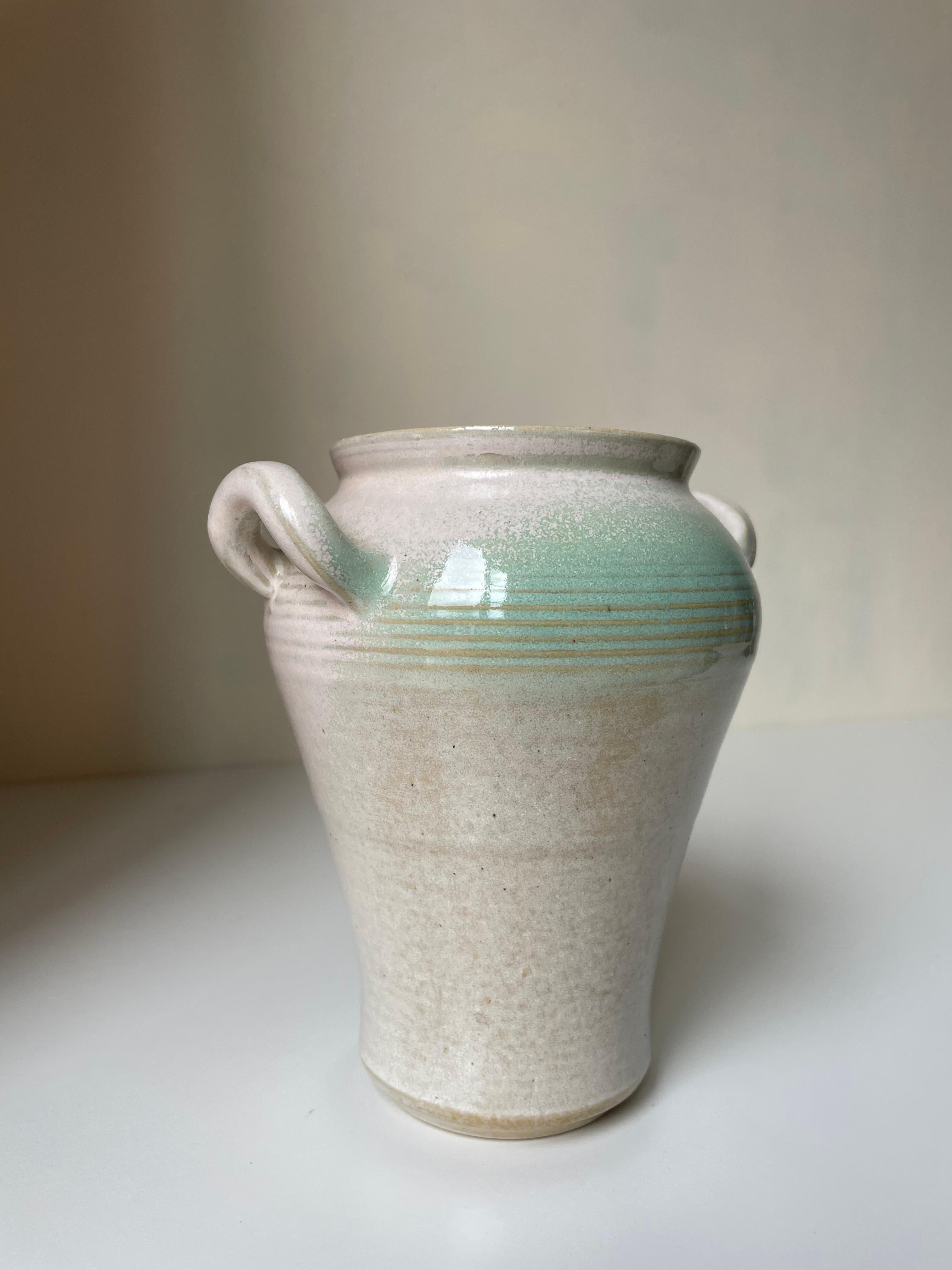 Ceramic Skottorp White and Pastel Green Glazed Stoneware Handle Vase, 1970s For Sale