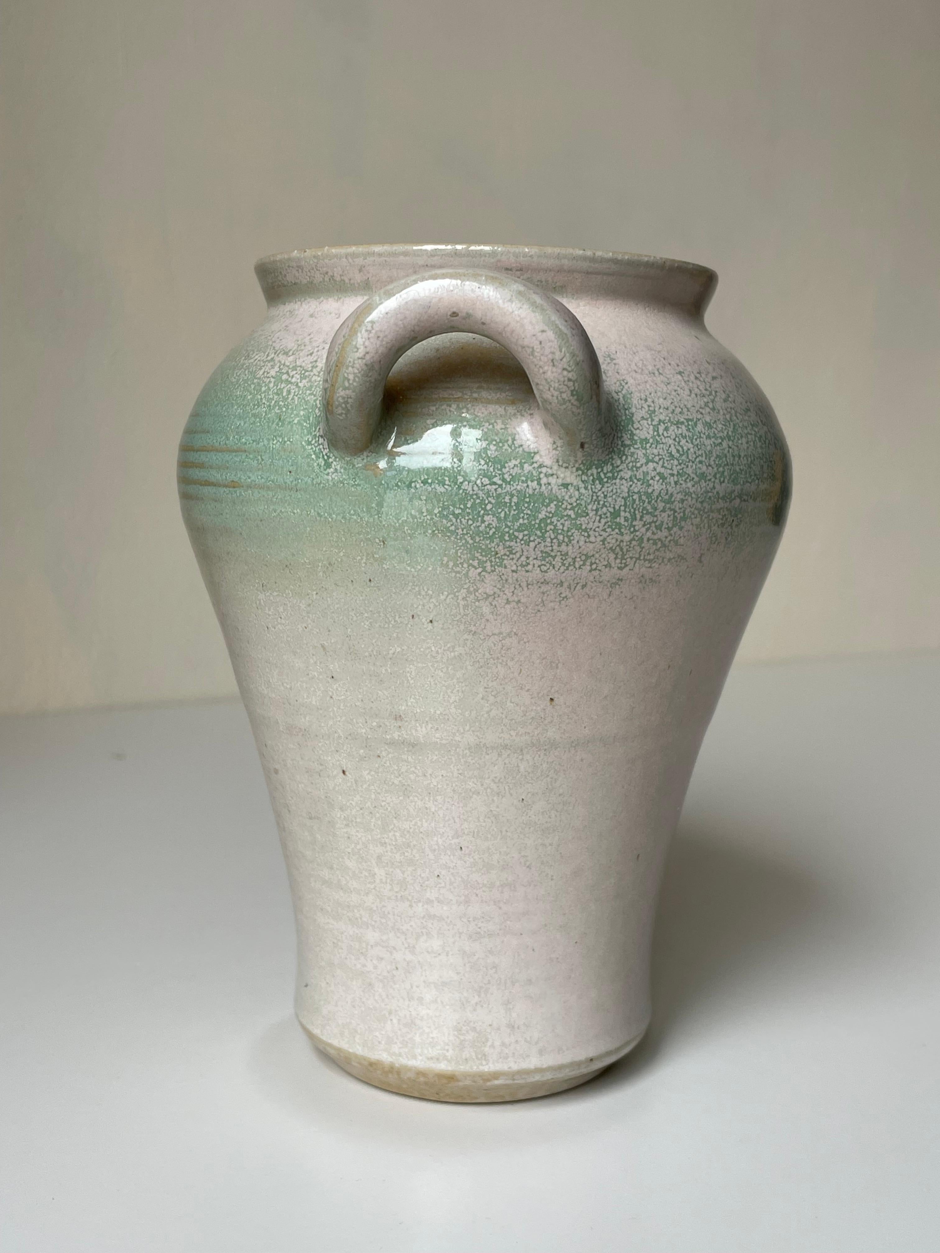 Hand-Crafted Skottorp White and Pastel Green Glazed Stoneware Handle Vase, 1970s For Sale