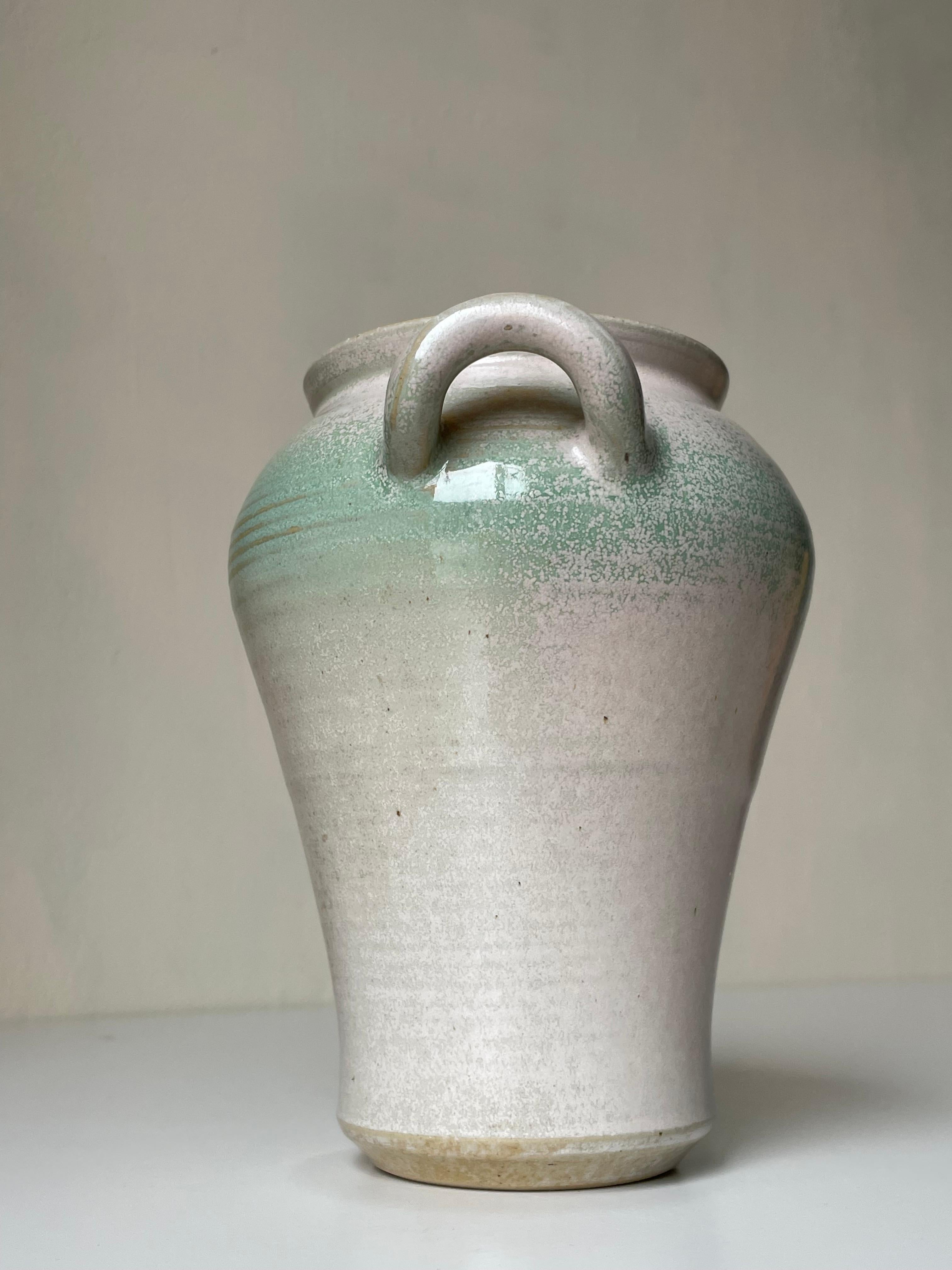 Skottorp White and Pastel Green Glazed Stoneware Handle Vase, 1970s In Good Condition For Sale In Copenhagen, DK