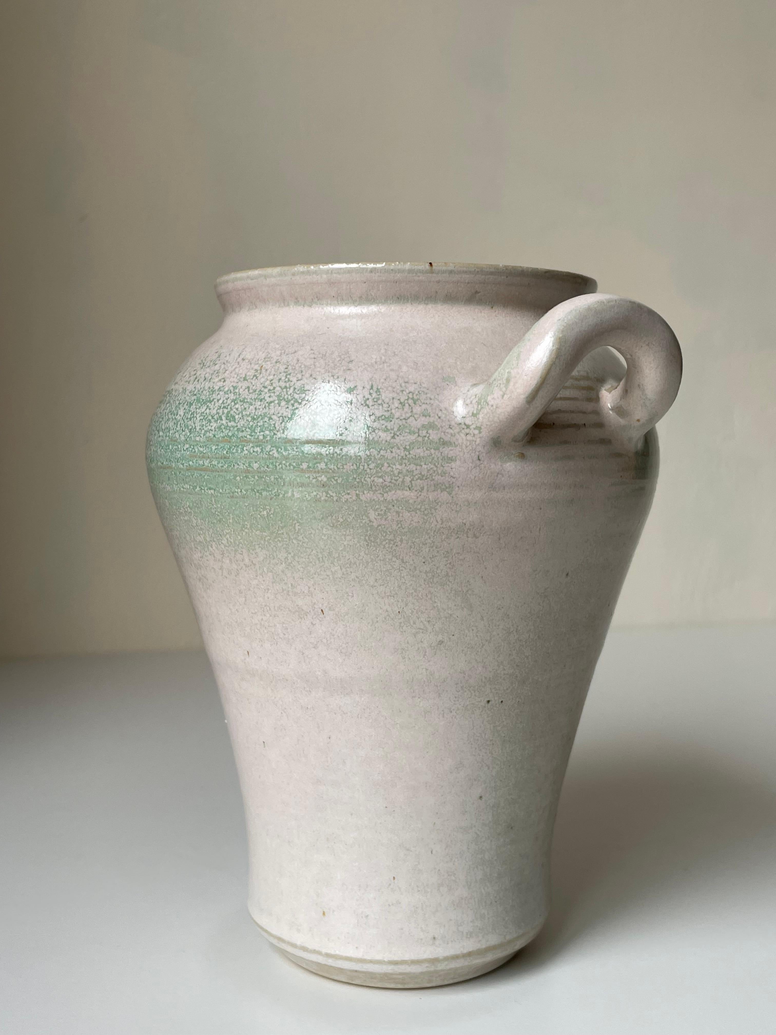 Swedish Skottorp White and Pastel Green Glazed Stoneware Handle Vase, 1970s For Sale