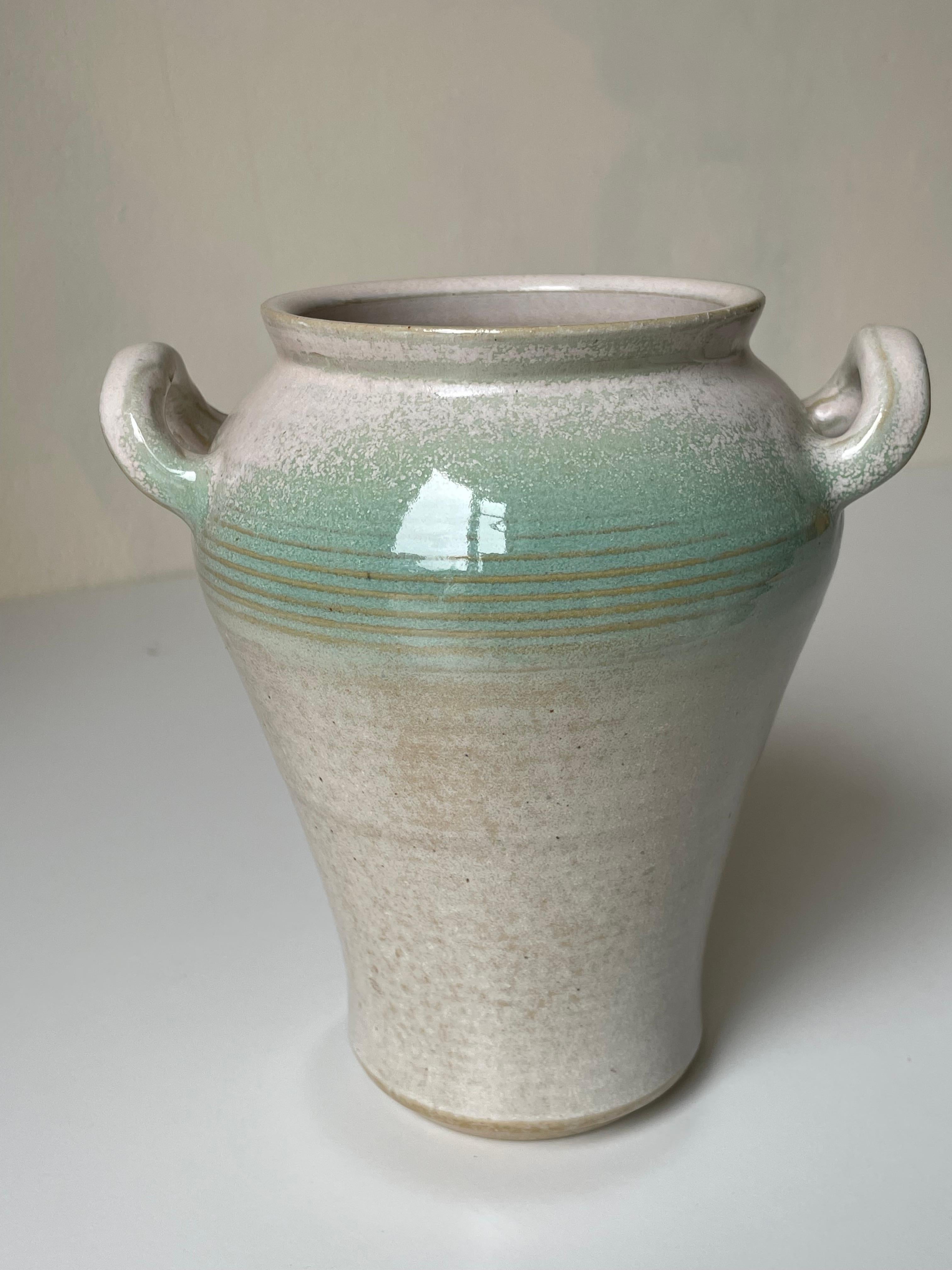 Scandinavian Modern Skottorp White and Pastel Green Glazed Stoneware Handle Vase, 1970s For Sale