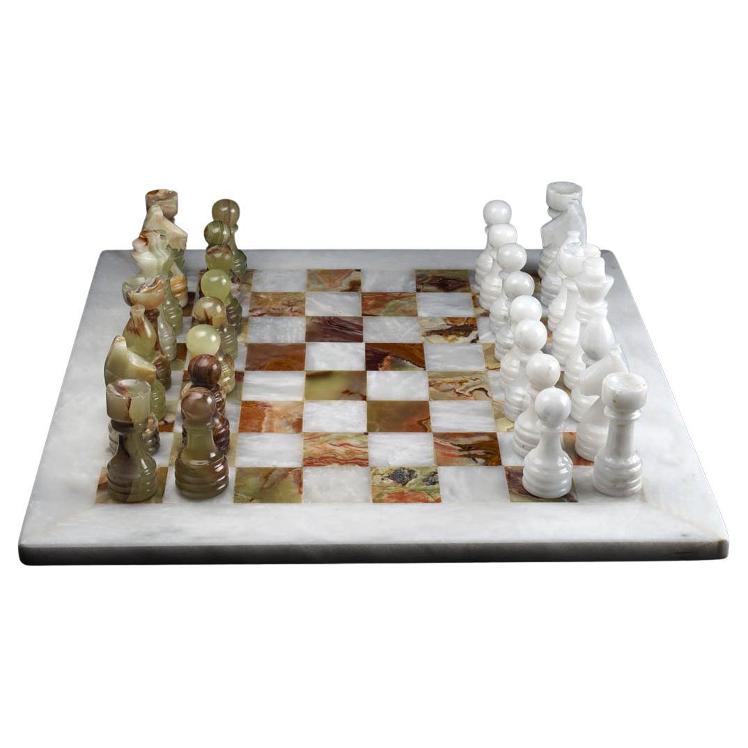White and Green Onyx Hand‑Carved Chess Set with Custom Velvet Carrying Case For Sale