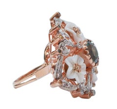 White and Green Stones, Sapphires, Diamonds, Rose Gold and Silver Ring.