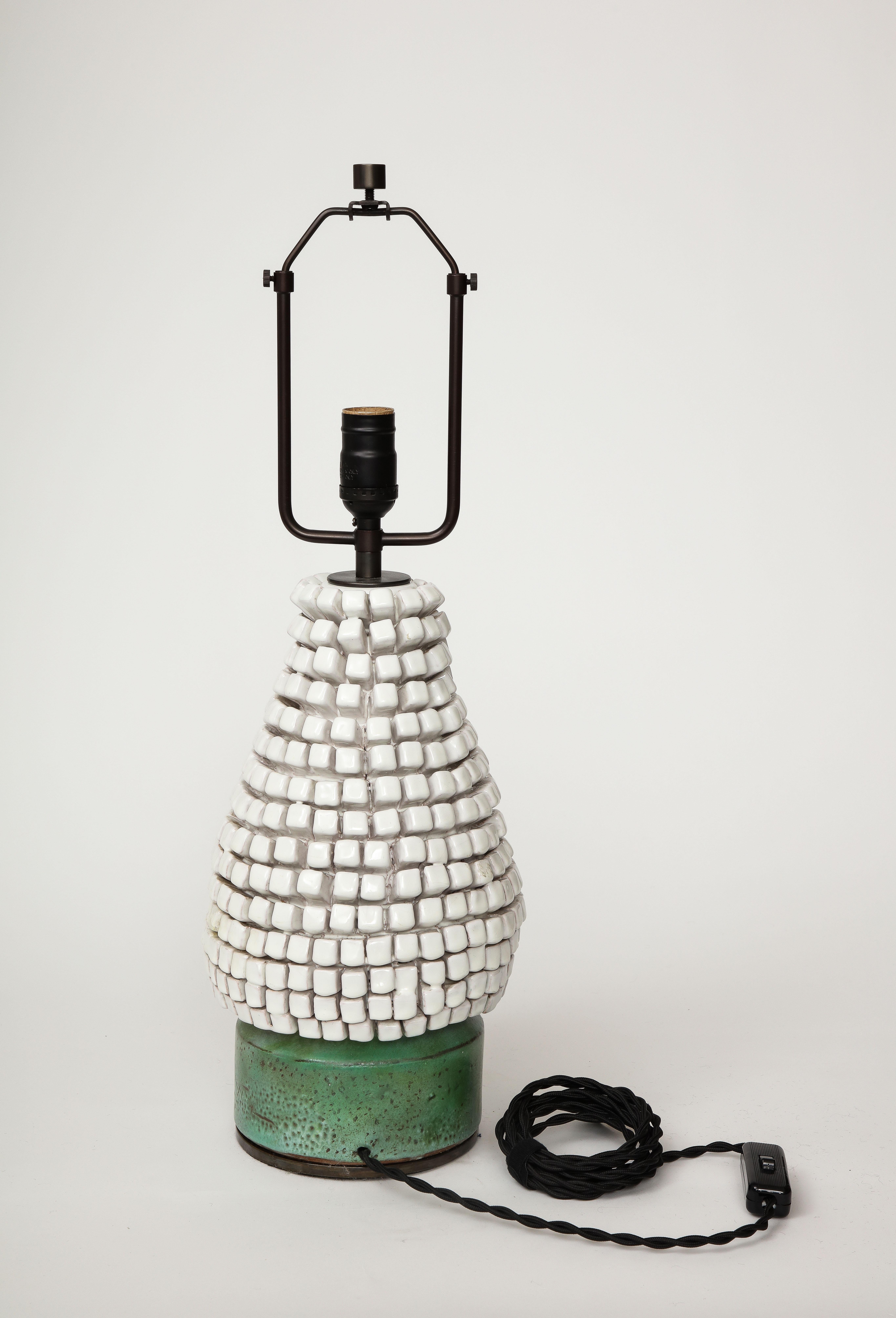 Modern White and Green Textured Glazed Ceramic Table Lamp, France, c. 1960