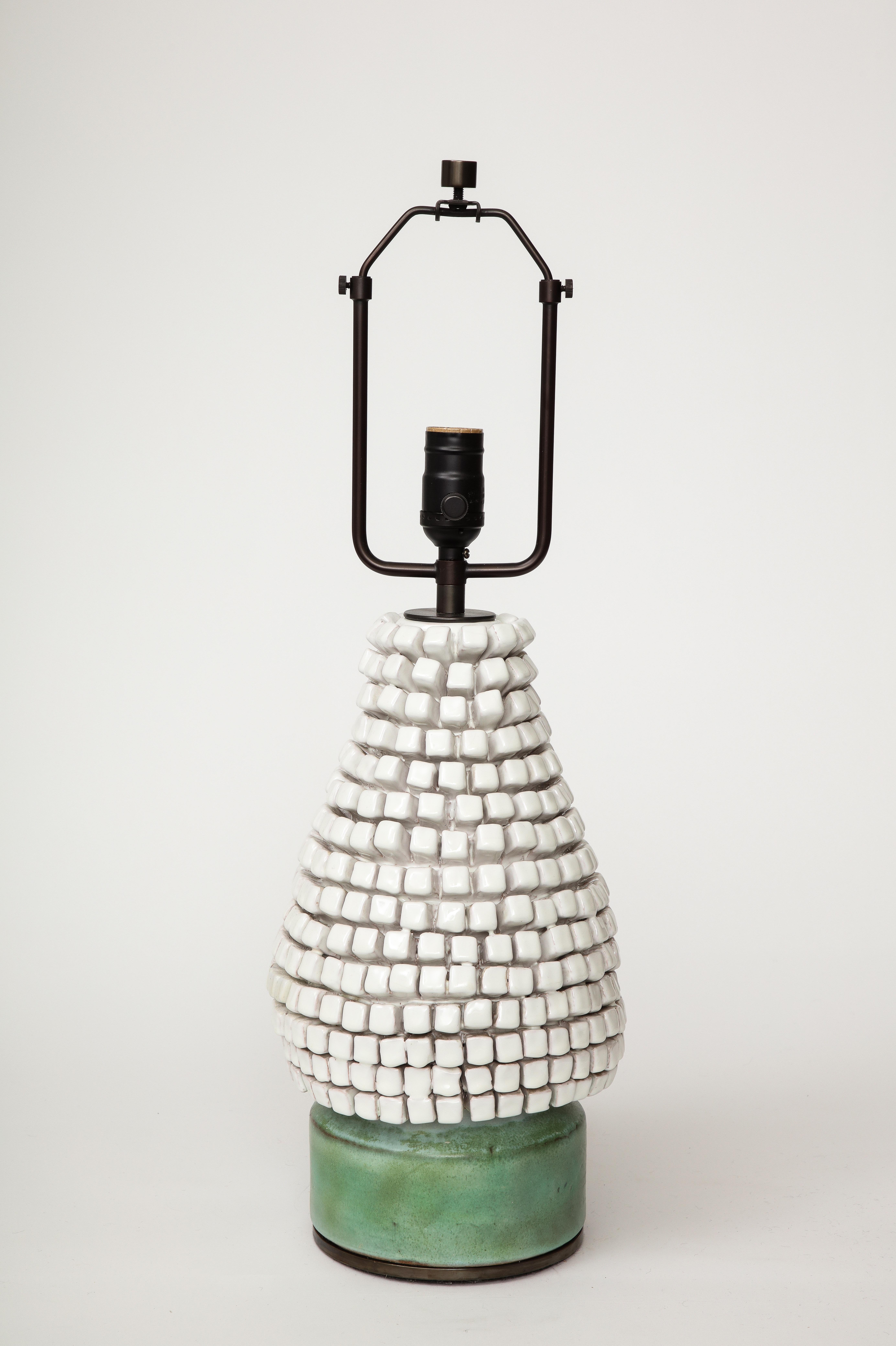 French White and Green Textured Glazed Ceramic Table Lamp, France, c. 1960