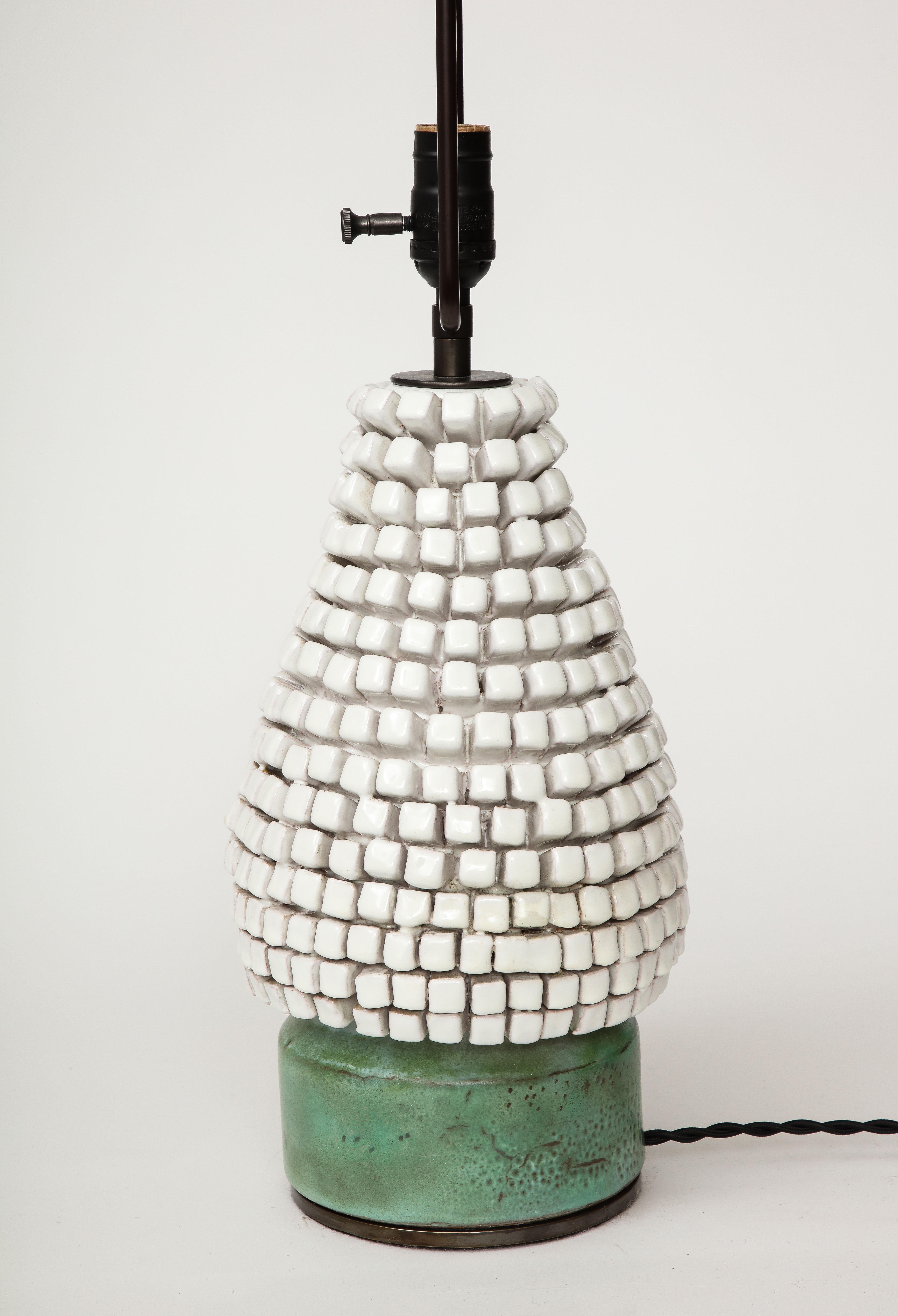 White and Green Textured Glazed Ceramic Table Lamp, France, c. 1960 In Good Condition In New York City, NY