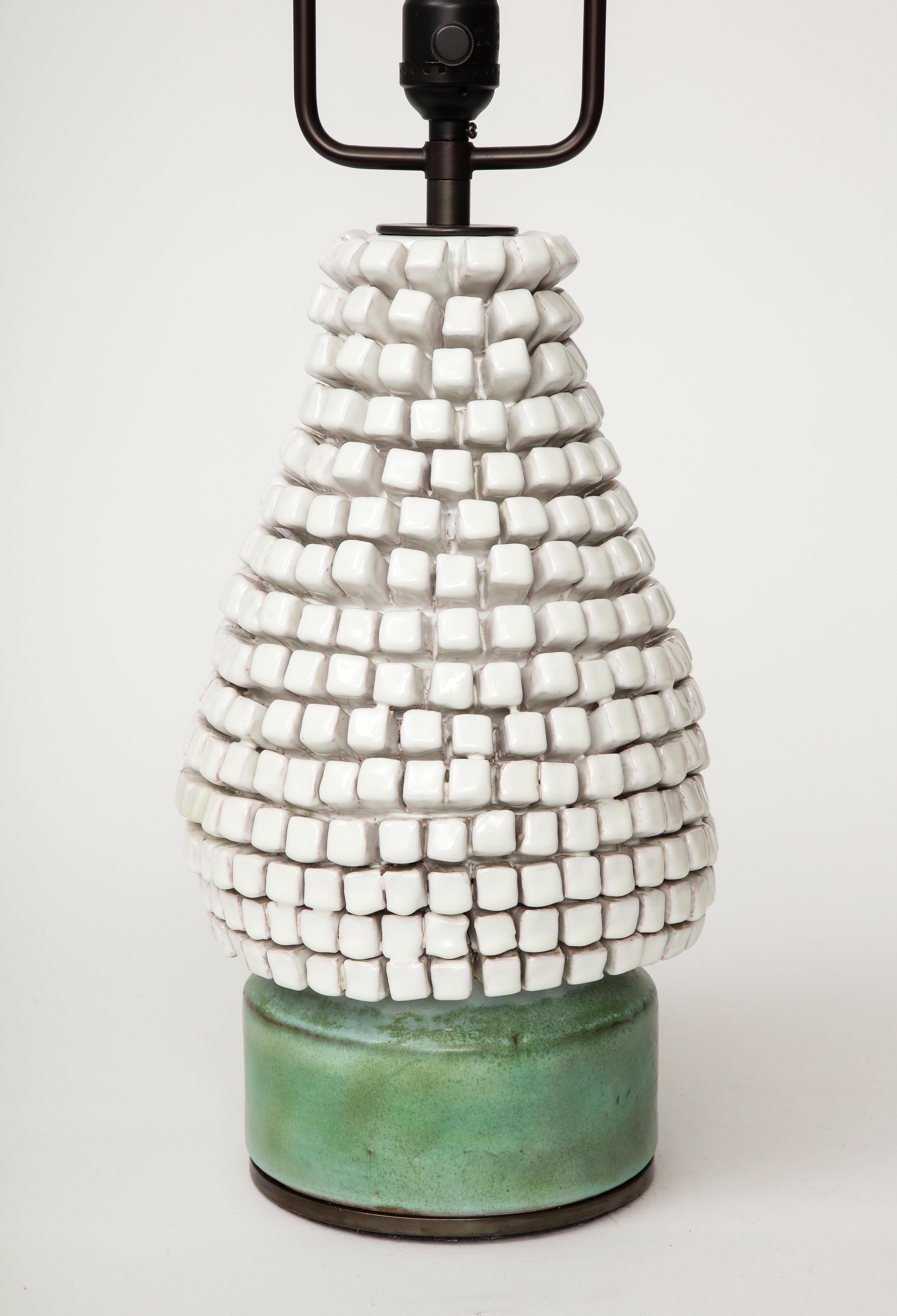 20th Century White and Green Textured Glazed Ceramic Table Lamp, France, c. 1960
