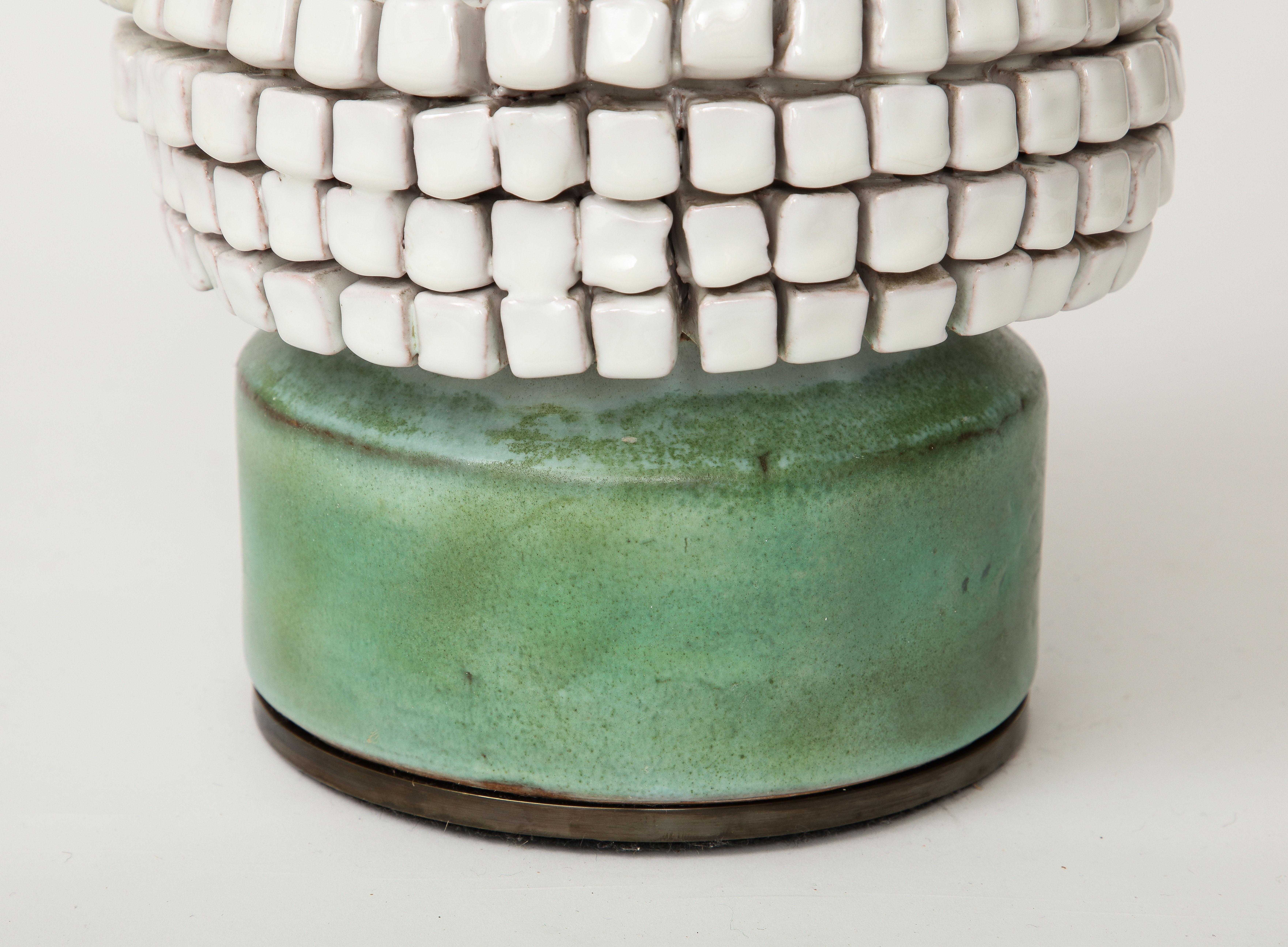 White and Green Textured Glazed Ceramic Table Lamp, France, c. 1960 1