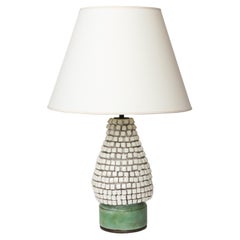 White and Green Textured Glazed Ceramic Table Lamp, France, c. 1960