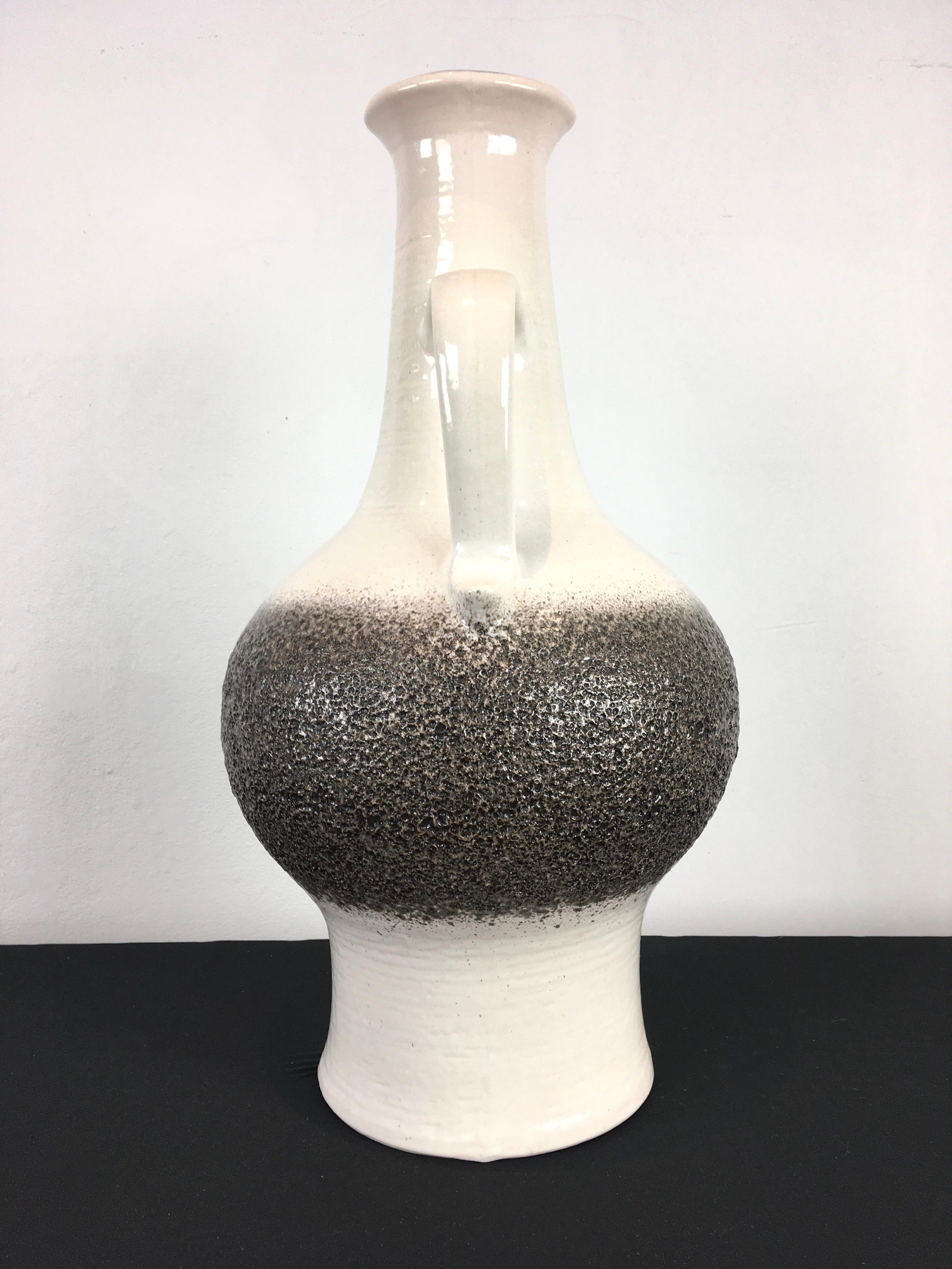 20th Century White and Grey Jasba Fat Lava Floor Vase with Handle For Sale