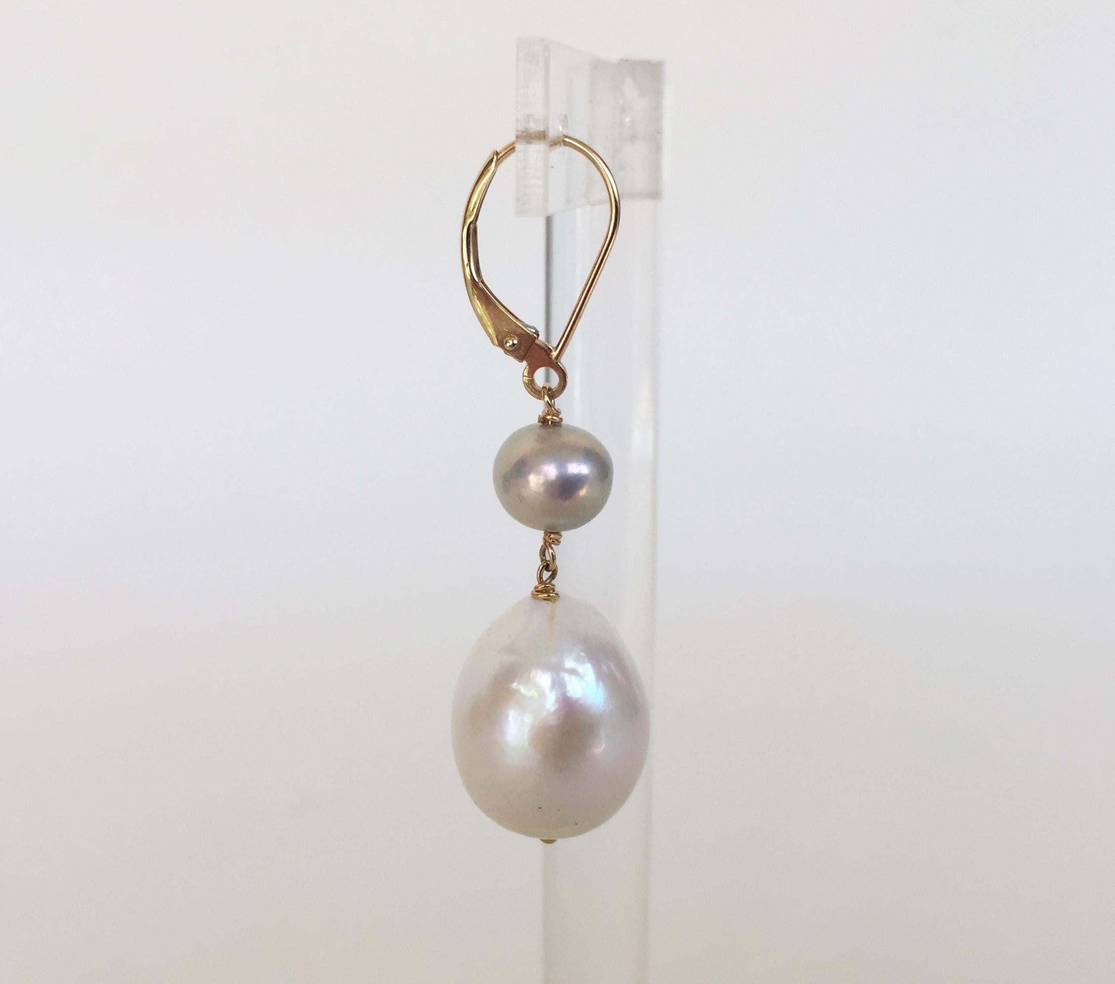 Artist Marina J White and Grey Pearl Drop Earrings with 14 K Yellow Gold Lever Backs