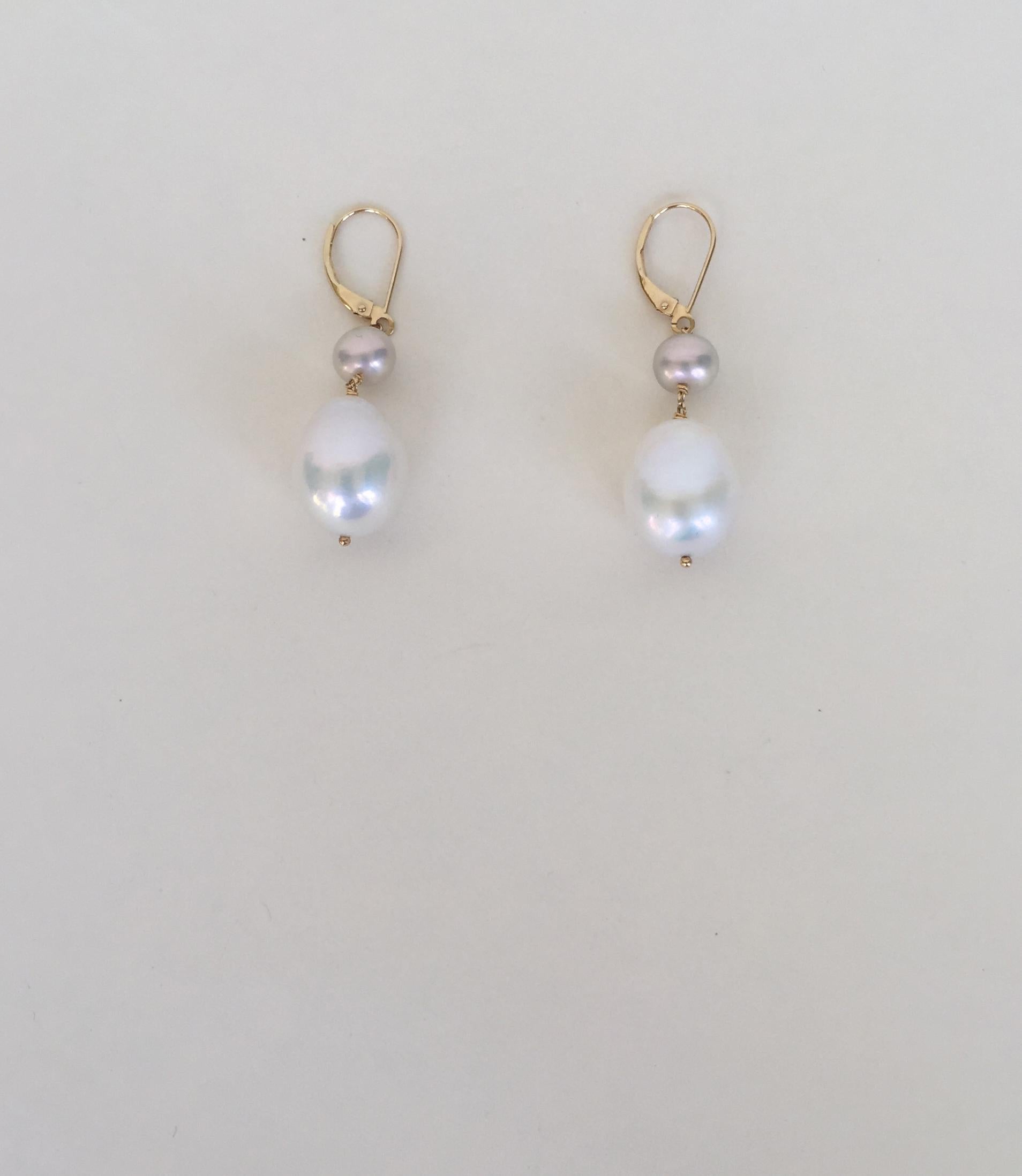 Marina J White and Grey Pearl Drop Earrings with 14 K Yellow Gold Lever Backs In New Condition In Los Angeles, CA