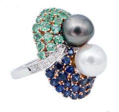 White and Grey Pearl, Emeralds, Sapphires, Diamonds, 14 Karat White Gold Ring