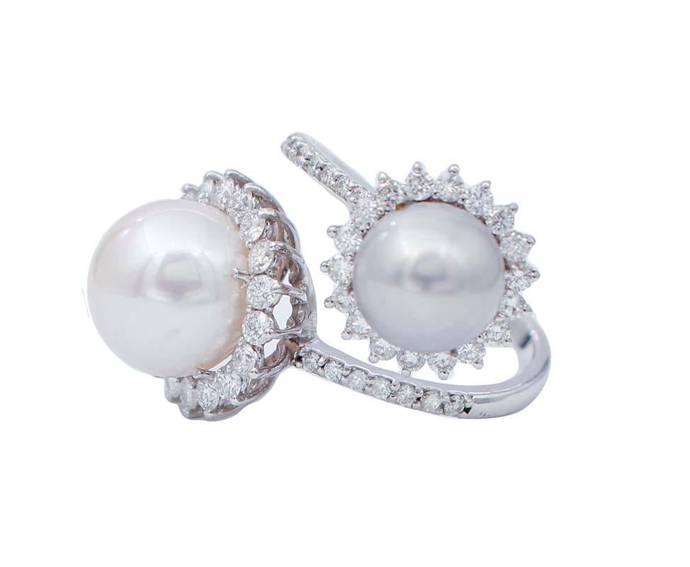 Modern White and Grey Pearls, Diamonds, 18 Karat White Gold Ring For Sale