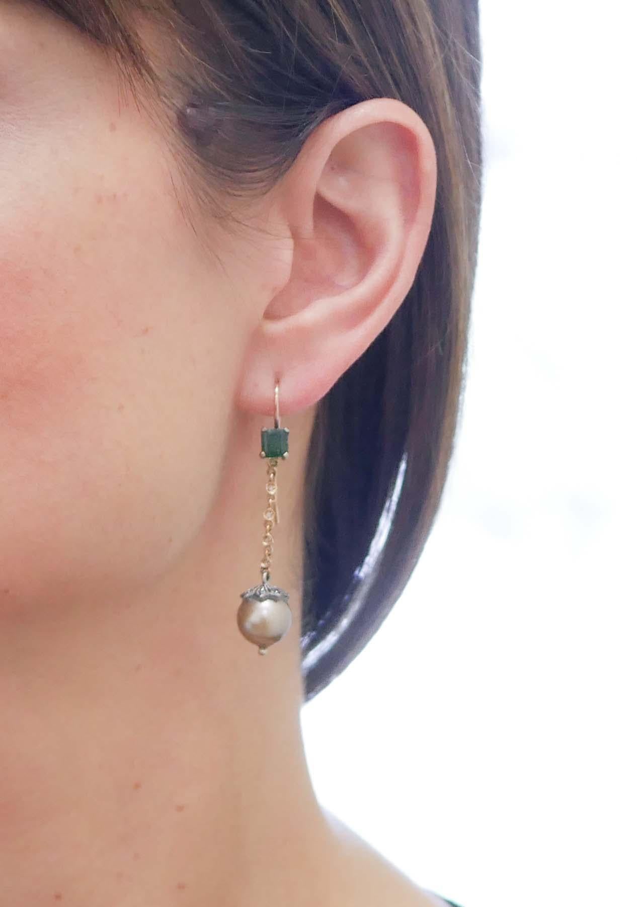 Mixed Cut White and Grey Pearls, Emeralds, Diamonds, Rose Gold and Silver Earrings. For Sale