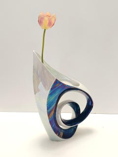White and Iridescent Blue Ceramic Vase / Decorative Centerpiece by Lusso, Italy